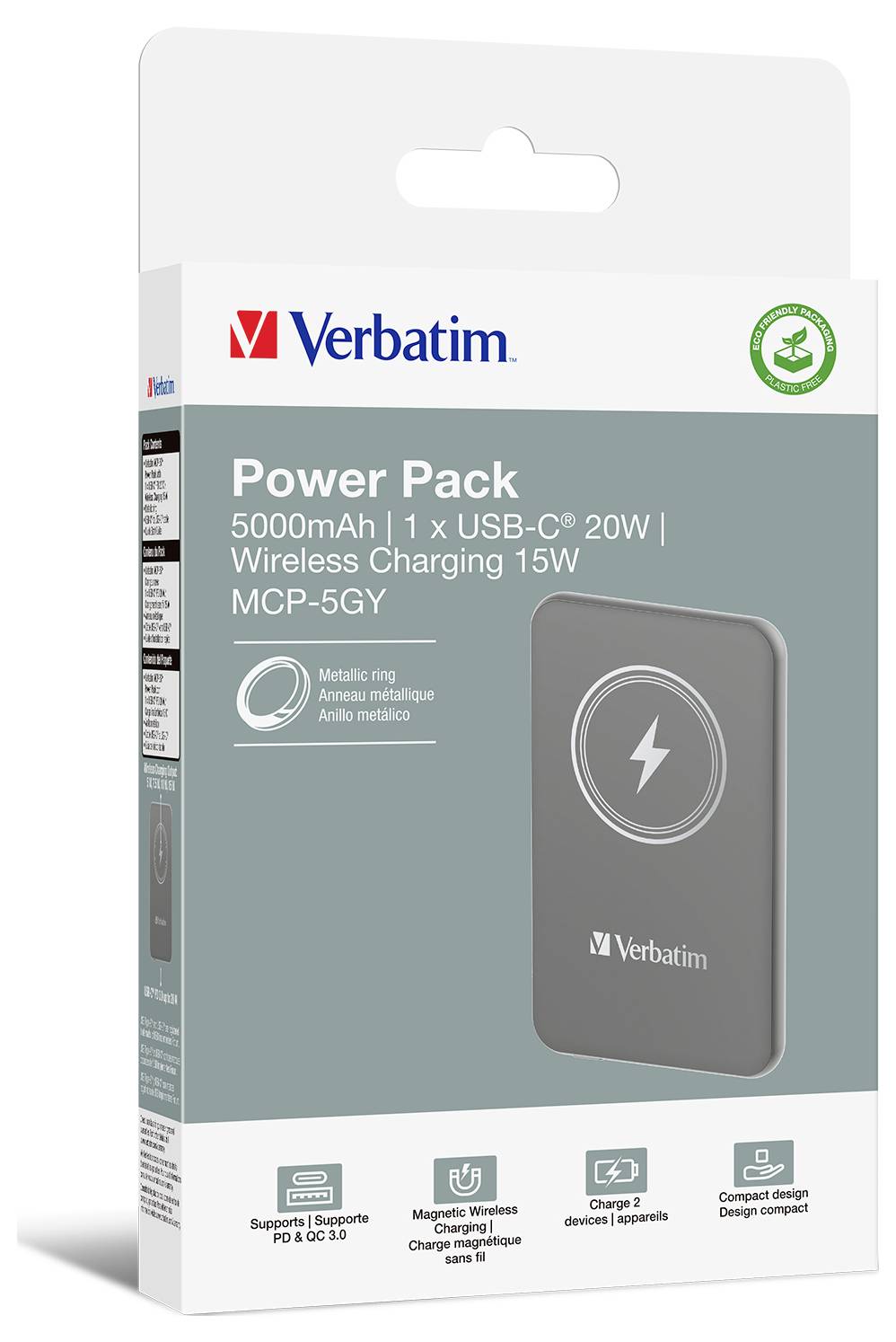 Verbatim Charge 'n' Go Magnetic Wireless Powerbank 5000 mAh Fast Charge, Quick Charge 3.0, USB PD 3.0, Adaptive Fast Charge LiPo