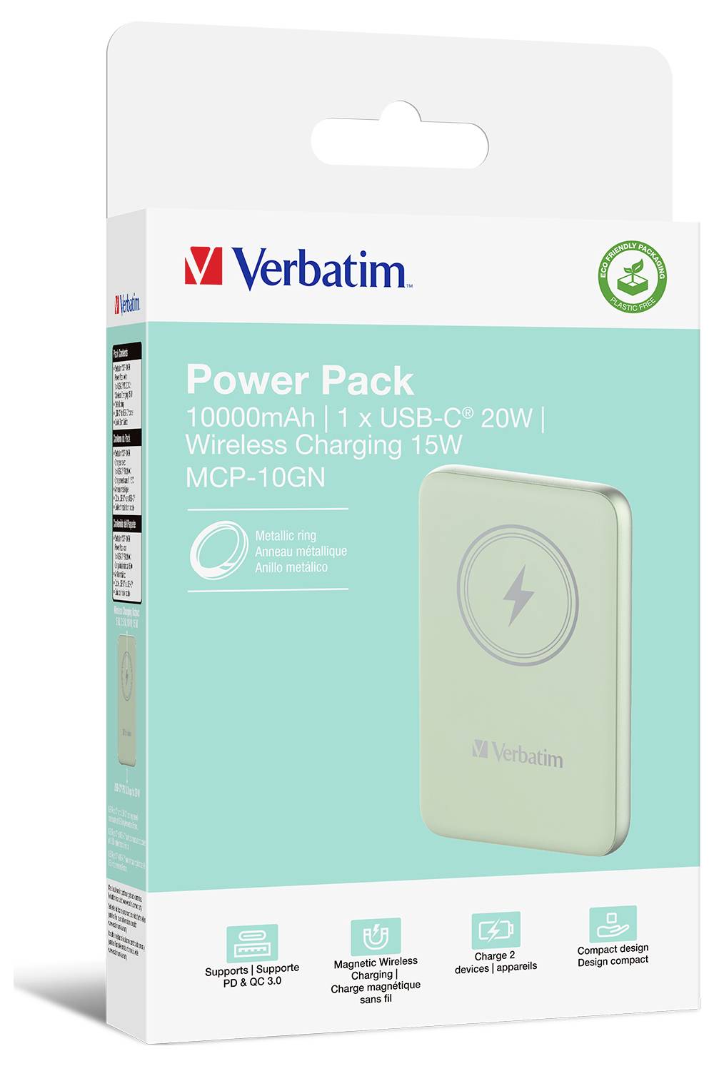 Verpackung eines tragbaren Verbatim Power Packs mit 10000mAh, USB-C-Ausgang und kabelloser Ladefunktion, Modell MCP-10GN.