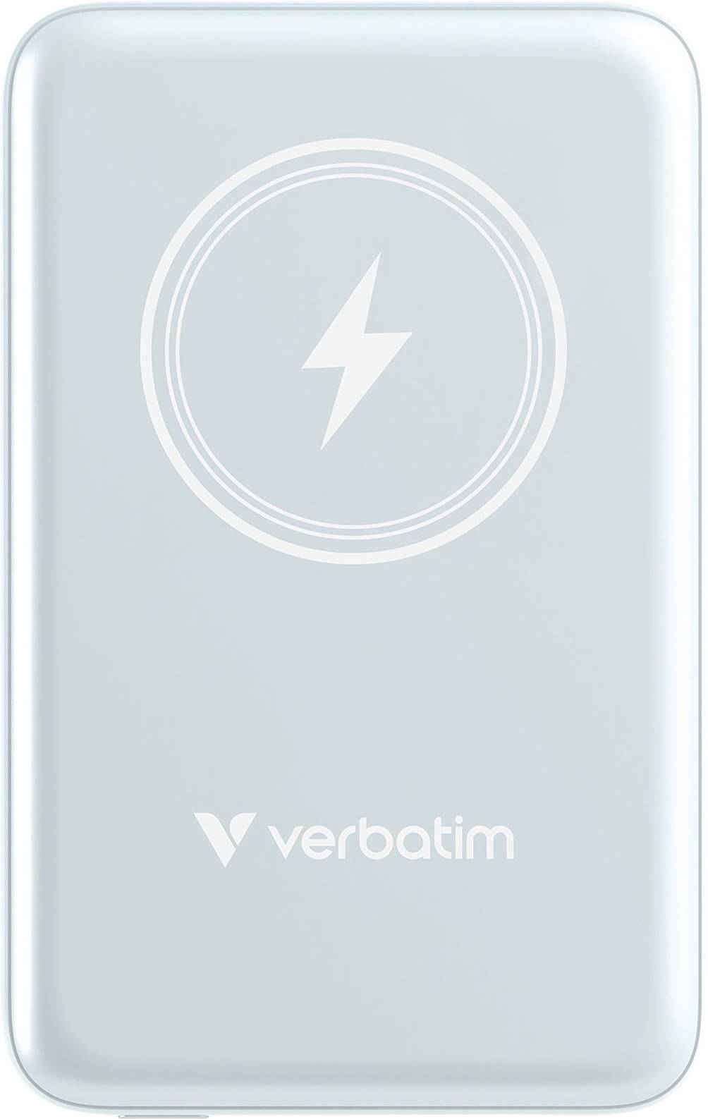 Ein silbernes kabelloses Ladegerät mit Blitzsymbol und dem Logo 'verbatim'.
