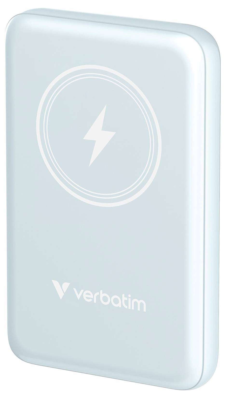 Externe Festplatte in Hellblau mit weißem Blitzsymbol und dem Logo 'Verbatim' unten.