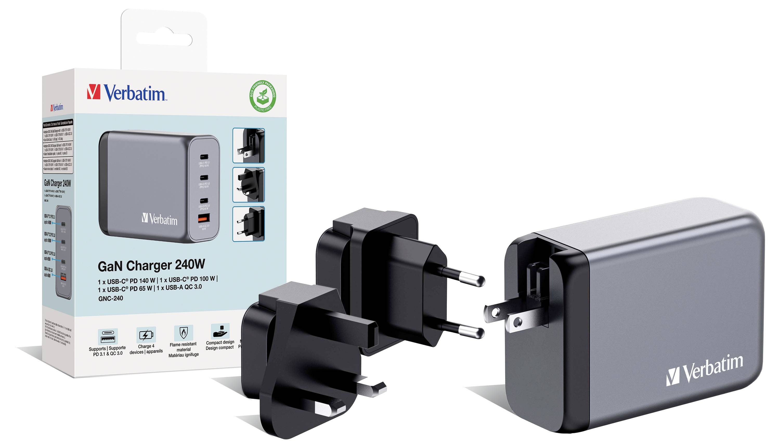 Verbatim GNC-240 GaN Reiseladeadapter 240W 1x USB-A, 3x USB-C® USB PD, USB PD 3.1, QC 3.0 Grau GaN, mit Europa-Adapter, mit