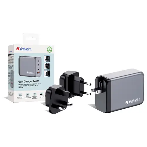 Verbatim GNC-240 GaN Reiseladeadapter 240W 1x USB-A, 3x USB-C® USB PD, USB PD 3.1, QC 3.0 Grau GaN, mit Europa-Adapter, mit Verbatim GNC-240 GaN Reiseladeadapter 240W 1x USB-A, 3x USB-C® USB PD, USB PD 3.1, QC 3.0 Grau GaN, mit Europa-Adapter, mit