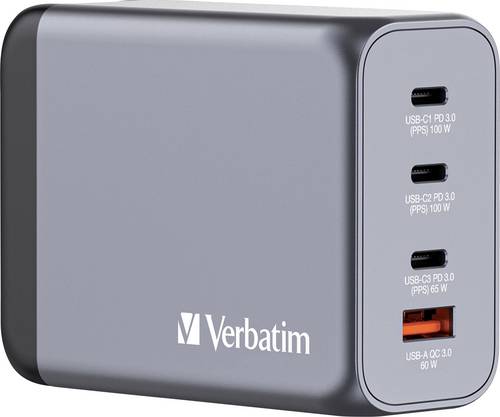 Verbatim GNC-200 GaN Reiseladeadapter 200 W 1x USB-A, 3x USB-C® USB PD, USB PD 3.0, QC 3.0 Grau GaN