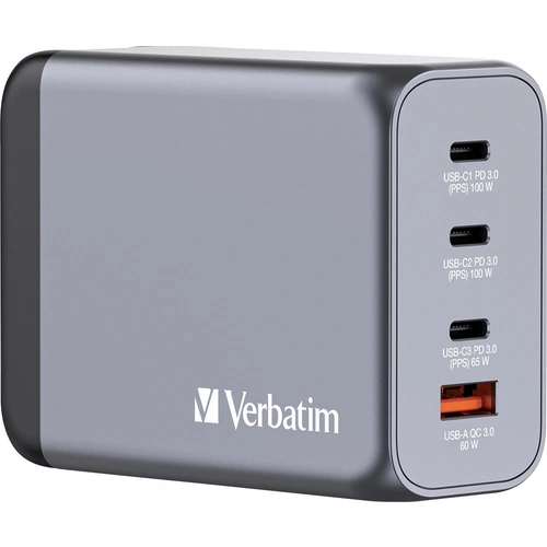 Verbatim GNC-200 GaN Reiseladeadapter 200 W 1x USB-A, 3x USB-C® USB PD, USB PD 3.0, QC 3.0 Grau GaN Verbatim GNC-200 GaN Reiseladeadapter 200 W 1x USB-A, 3x USB-C® USB PD, USB PD 3.0, QC 3.0 Grau GaN