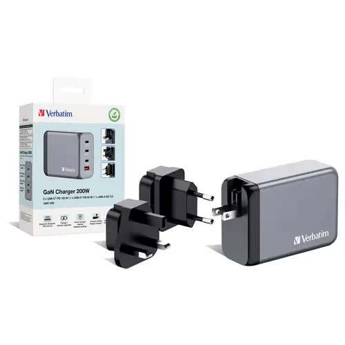 Verbatim GNC-200 GaN Reiseladeadapter 200 W 1x USB-A, 3x USB-C® USB PD, USB PD 3.0, QC 3.0 Grau GaN Verbatim GNC-200 GaN Reiseladeadapter 200 W 1x USB-A, 3x USB-C® USB PD, USB PD 3.0, QC 3.0 Grau GaN