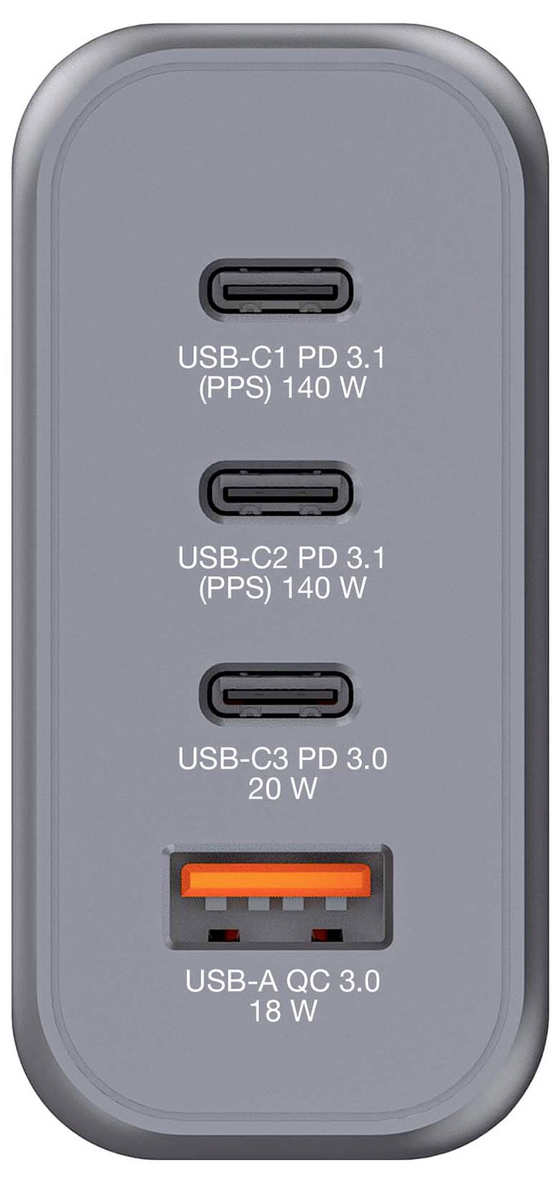 Verbatim GNC-140 GaN Reiseladeadapter 140W 1x USB-A, 3x USB-C® USB PD, QC 3.0, USB PD 3.1 Grau GaN, mit Europa-Adapter, mit