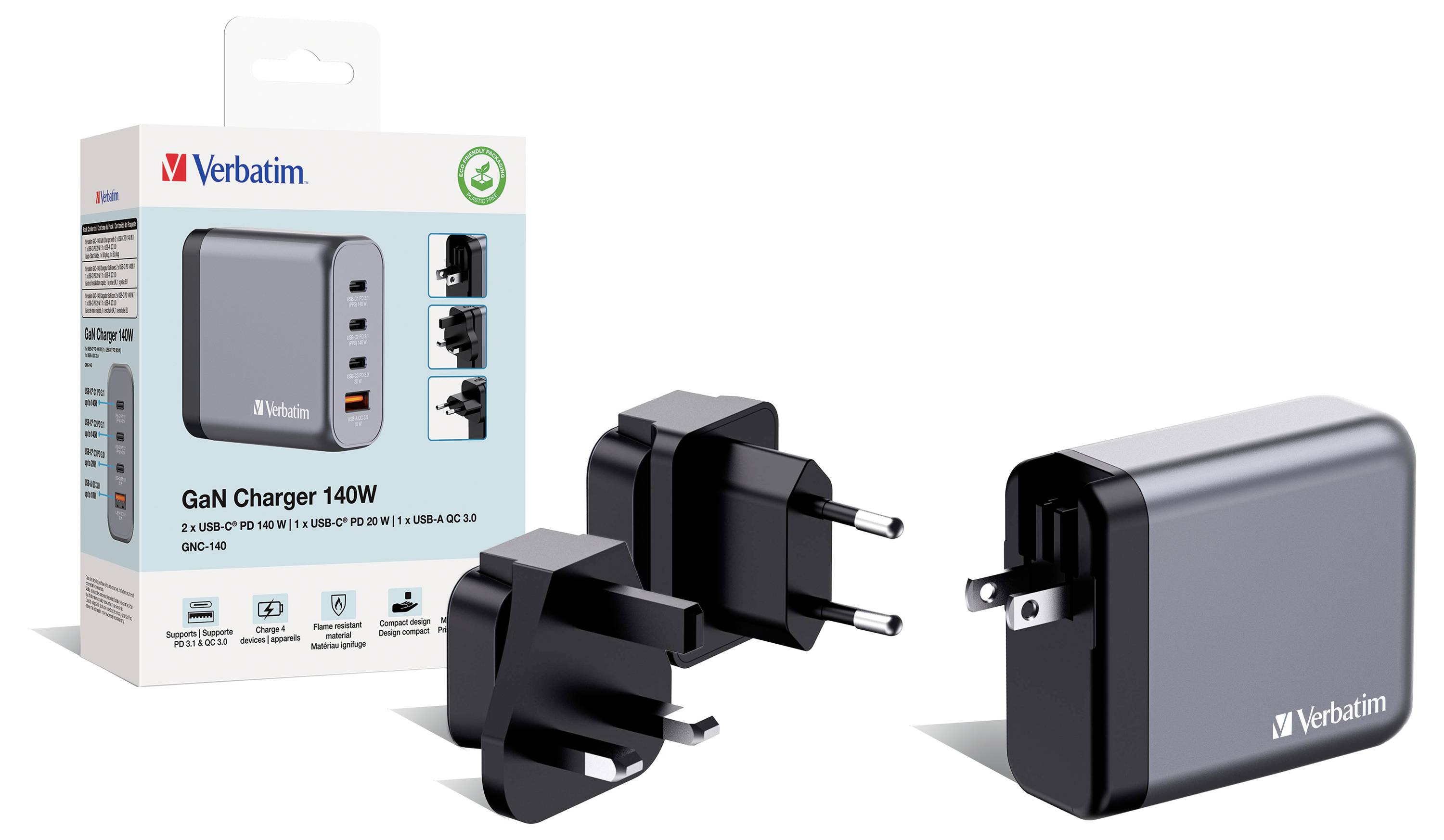 Verbatim GNC-140 GaN Reiseladeadapter 140W 1x USB-A, 3x USB-C® USB PD, QC 3.0, USB PD 3.1 Grau GaN, mit Europa-Adapter, mit