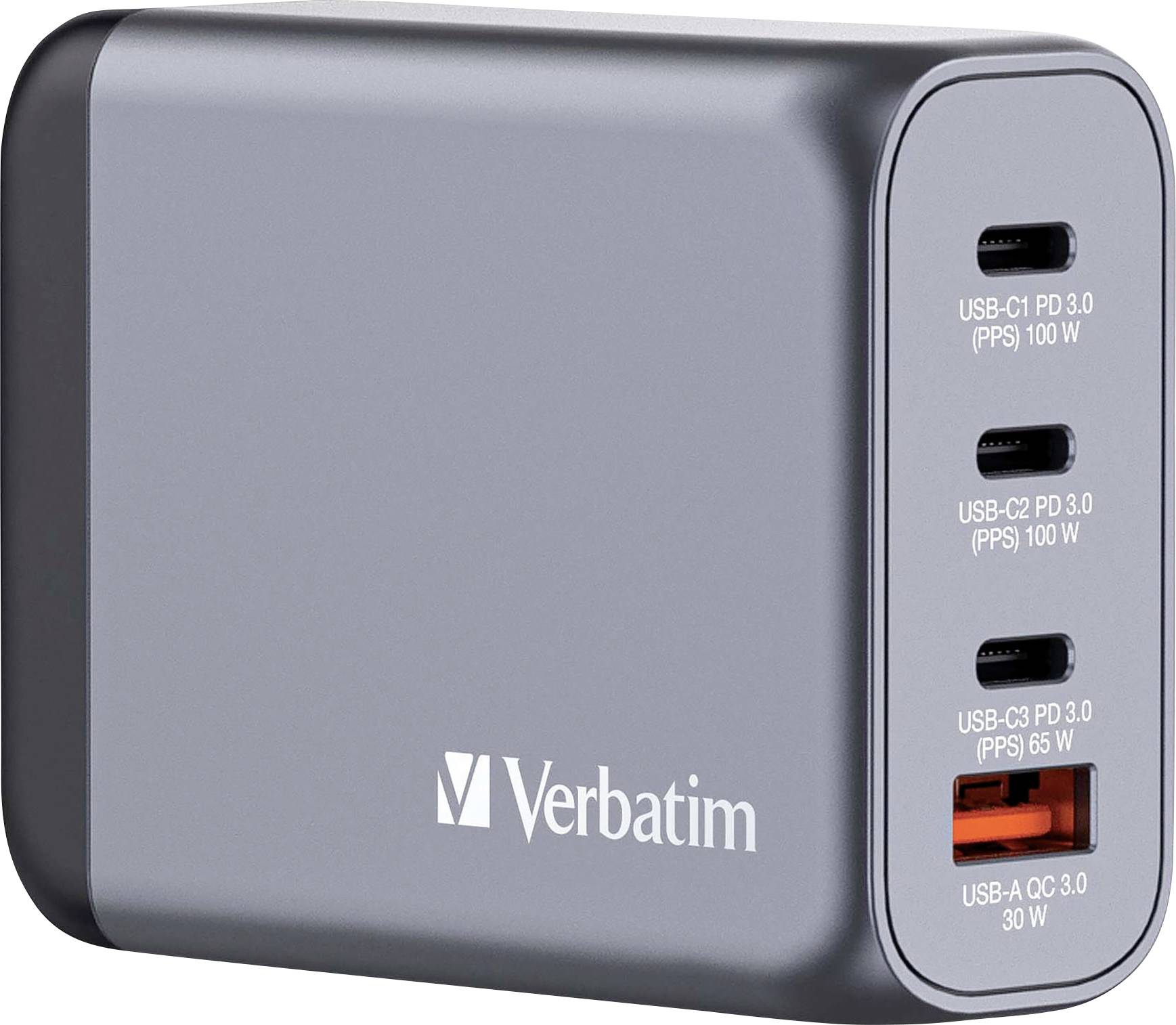 Verbatim GNC-100 Reiseladeadapter 100W 1x USB-A, 3x USB-C® USB PD, USB PD 3.0, QC 3.0 Grau GaN, mit Europa-Adapter, mit