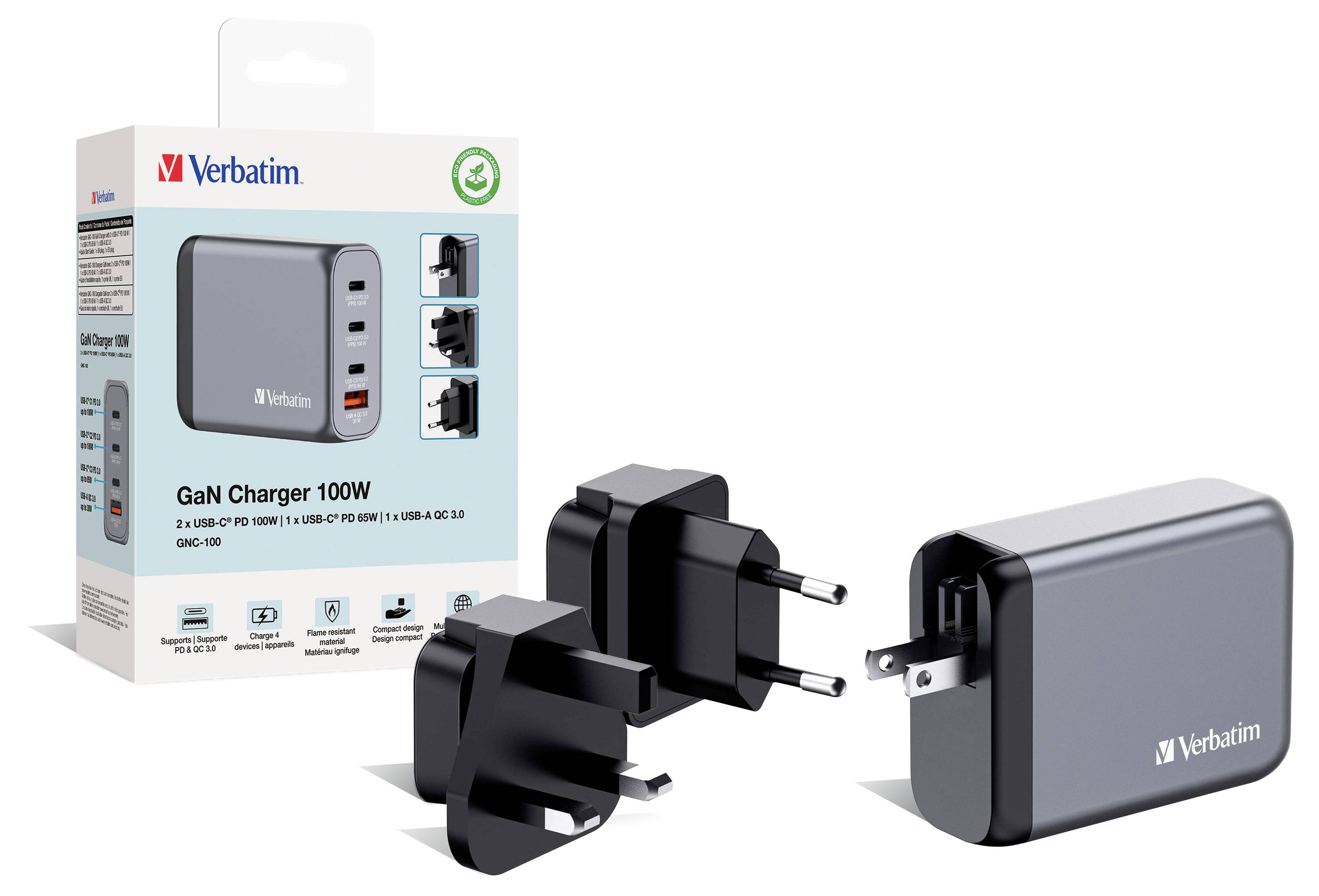 Verbatim GNC-100 Reiseladeadapter 100W 1x USB-A, 3x USB-C® USB PD, USB PD 3.0, QC 3.0 Grau GaN, mit Europa-Adapter, mit