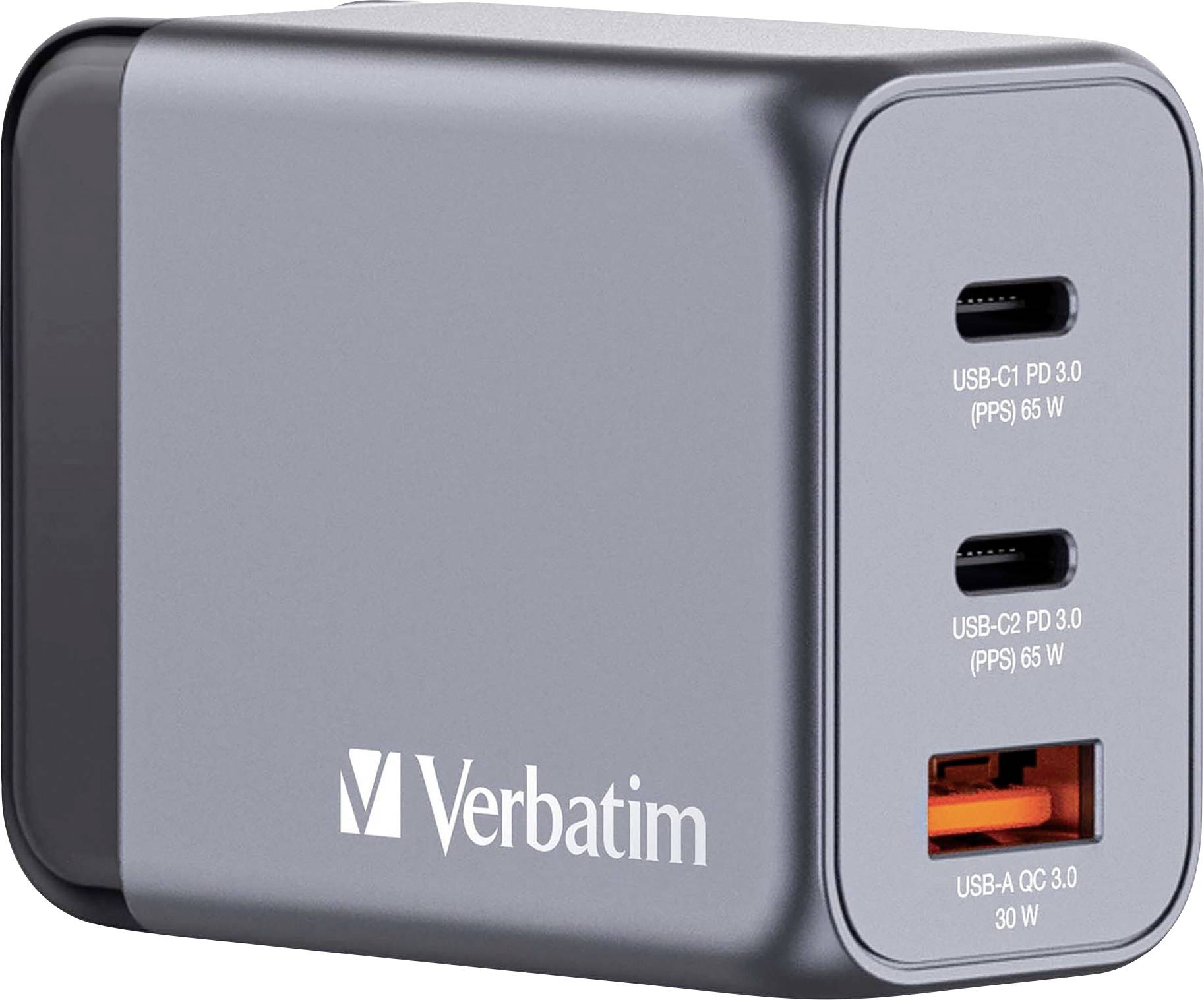 Verbatim GNC-65 GaN Reiseladeadapter 65W 1x USB-A, 2x USB-C® USB PD, USB PD 3.0, QC 3.0 Grau GaN, mit Europa-Adapter, mit