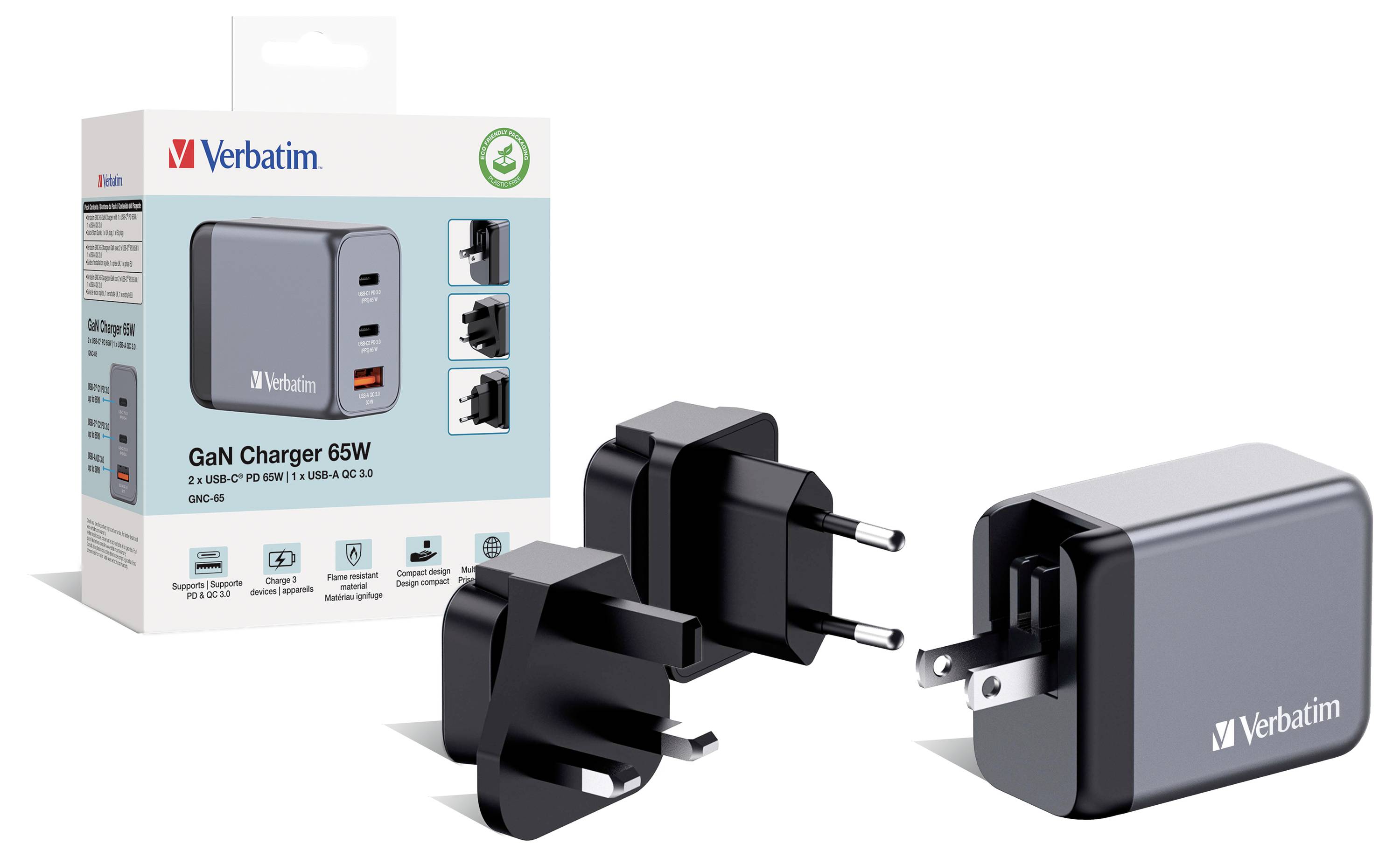 Verbatim GNC-65 GaN Reiseladeadapter 65 W 1x USB-A, 2x USB-C® USB PD, USB PD 3.0, QC 3.0 Grau GaN, mit Europa-Adapter, mit UK-Adapter, mit USA-Adapt