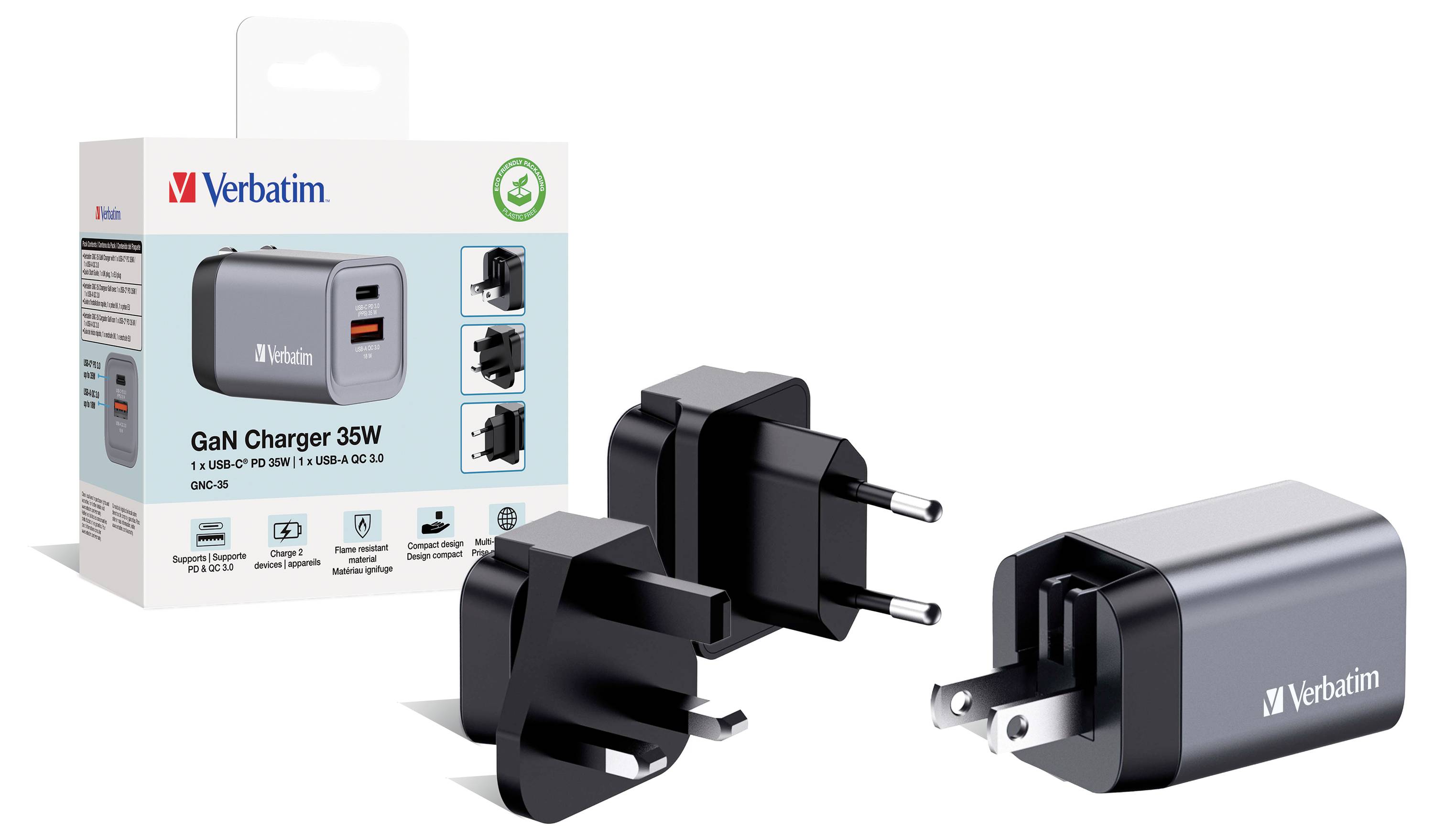 Verbatim GNC-35 GaN Reiseladeadapter 35W 1x USB-A, 1x USB-C® USB PD, USB PD 3.0, QC 3.0 Grau GaN, mit Europa-Adapter, mit