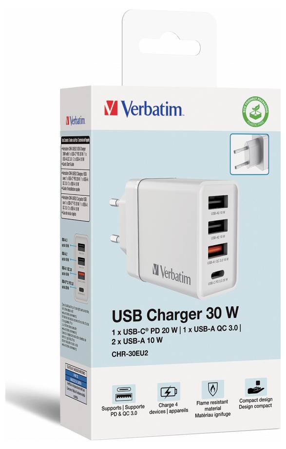 Verbatim CHR-30EU2 USB Ladegerät 30W 3x USB-A, 1x USB-C® USB PD, QC 3.0, USB PD 3.0 Weiß