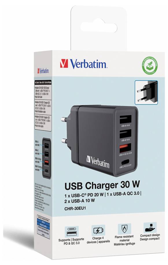 Verbatim CHR-30EU1 USB Ladegerät 30W 3x USB-A, 1x USB-C® USB PD, QC 3.0, USB PD 3.0 Schwarz