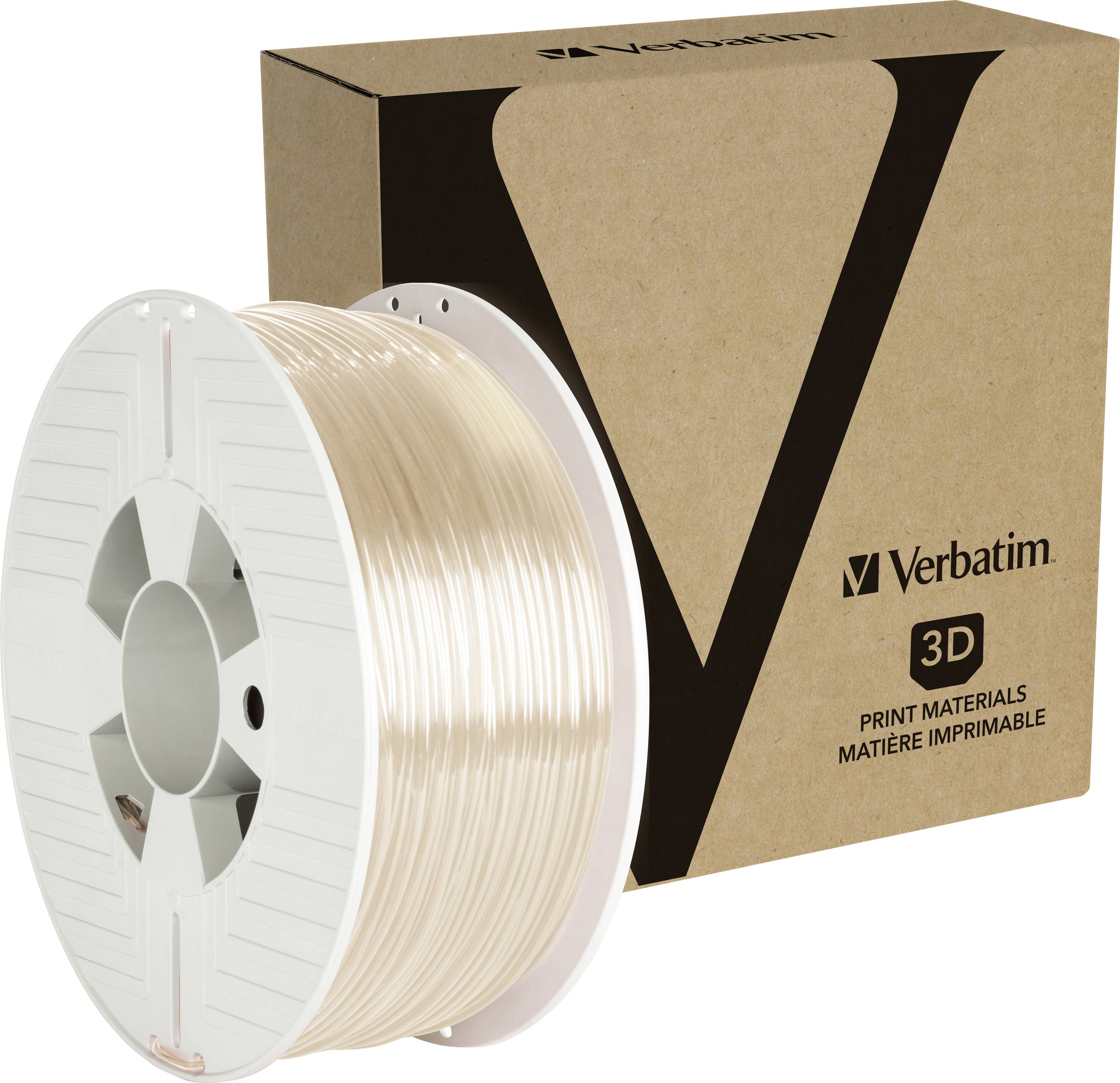 Filamentspule und Verpackung von Verbatim für 3D-Druckmaterialien, in beige.