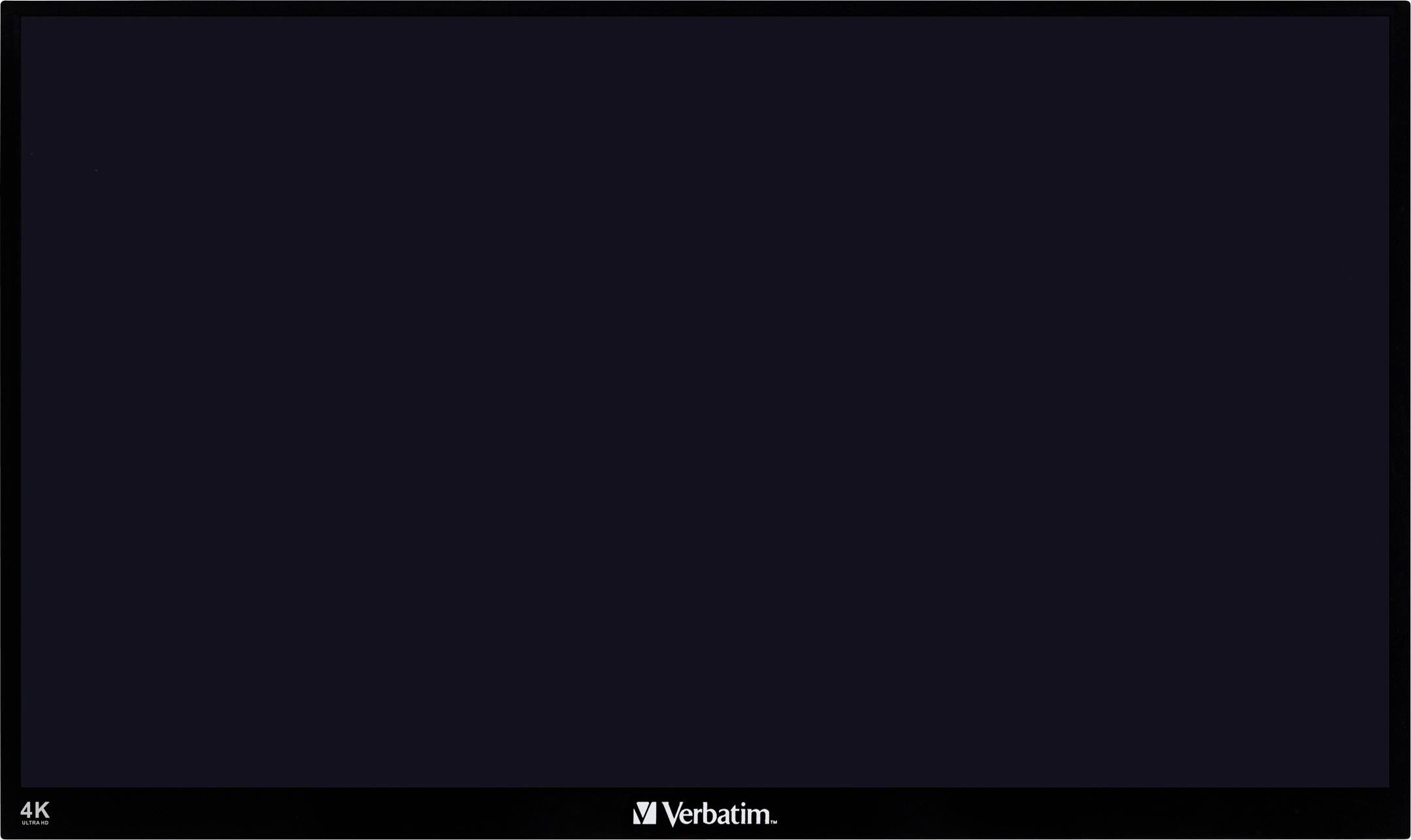 Ein schwarzer Fernseher-Bildschirm mit 'Verbatim' darunter und einer 4K-Auflösung.