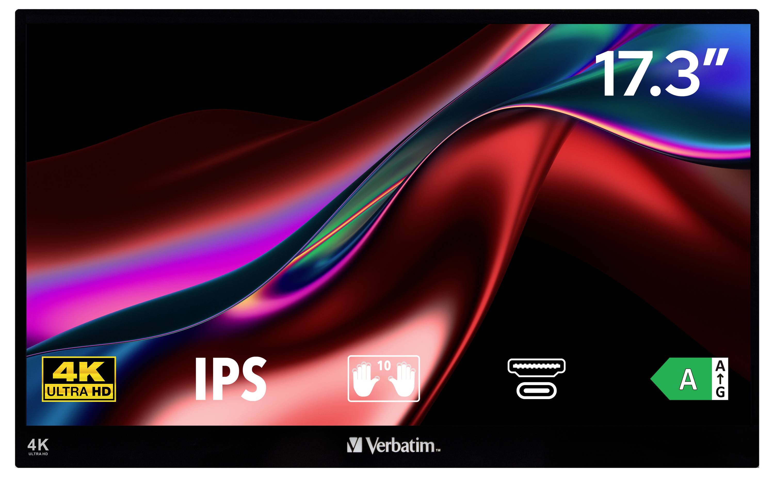 Ein 17,3-Zoll-IPS-Display von Verbatim mit 4K Ultra HD-Auflösung und Energieeffizienzklasse A. Enthält Symbole für Touchscreen und Standfuß.