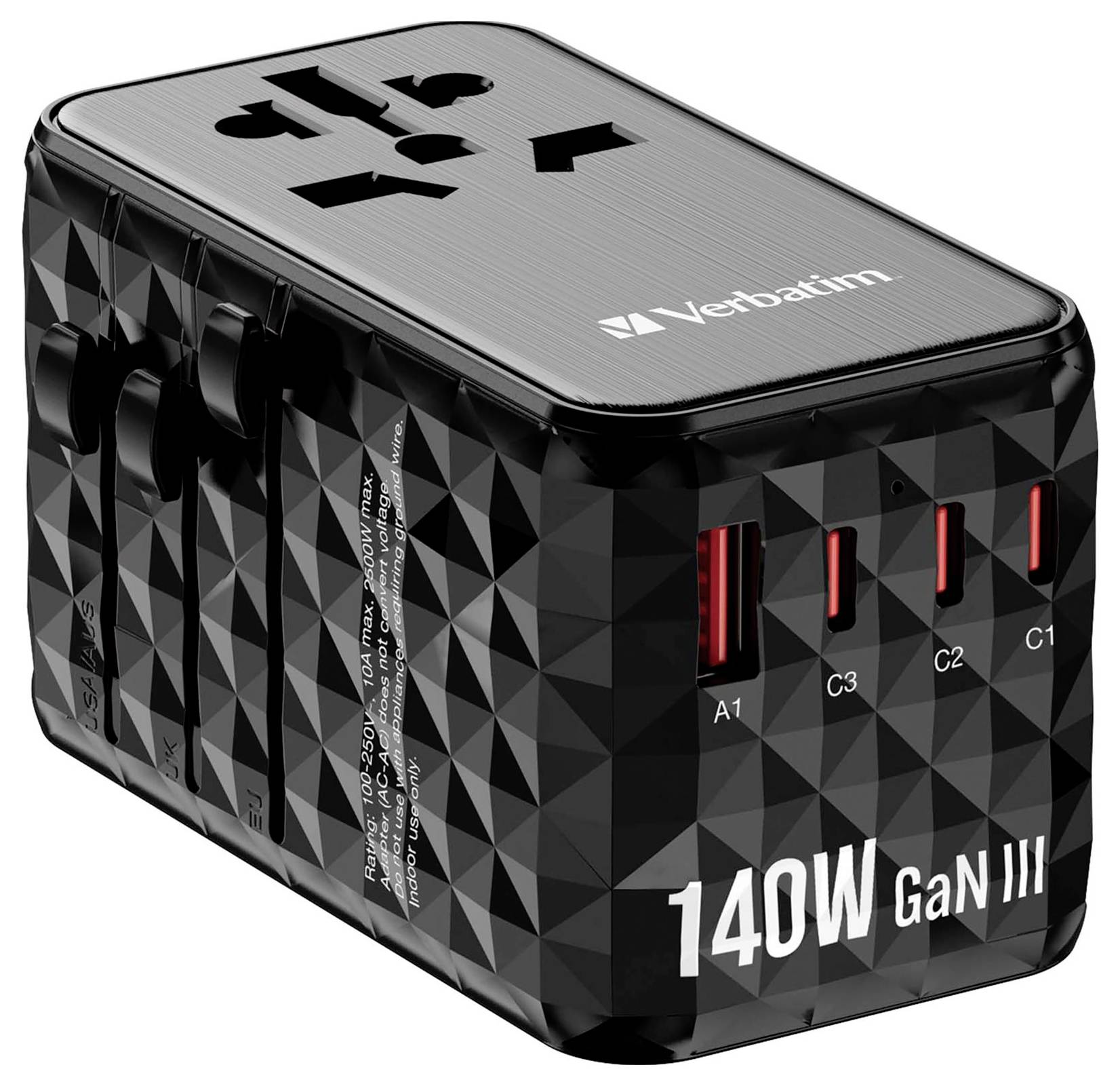 Ein schwarzer, multifunktionaler Reiseadapter mit drei USB-Anschlüssen und verschiedenen Steckdosenaufsätzen, geeignet für weltweite Nutzung.