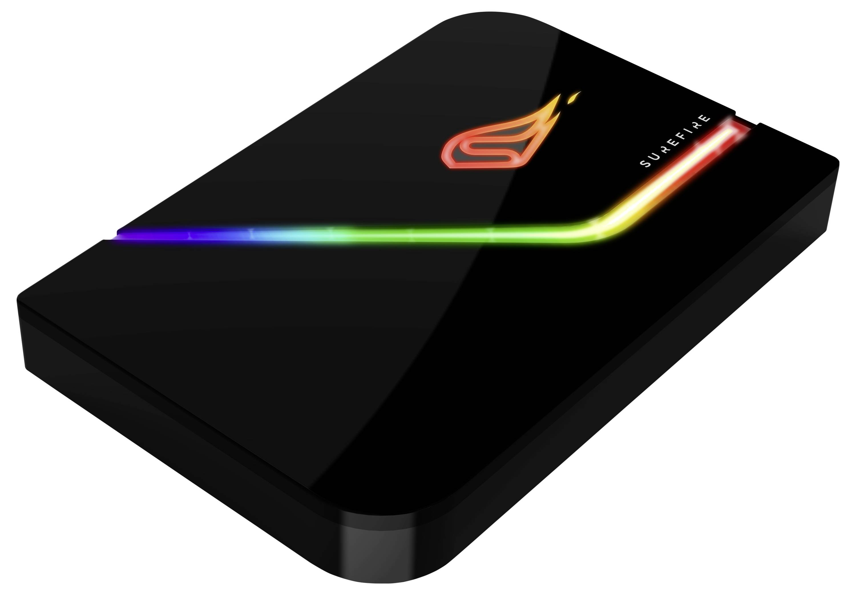 Externe Festplatte mit schwarzem Gehäuse, leuchtendem Logo und buntem LED-Streifen an der Oberseite.