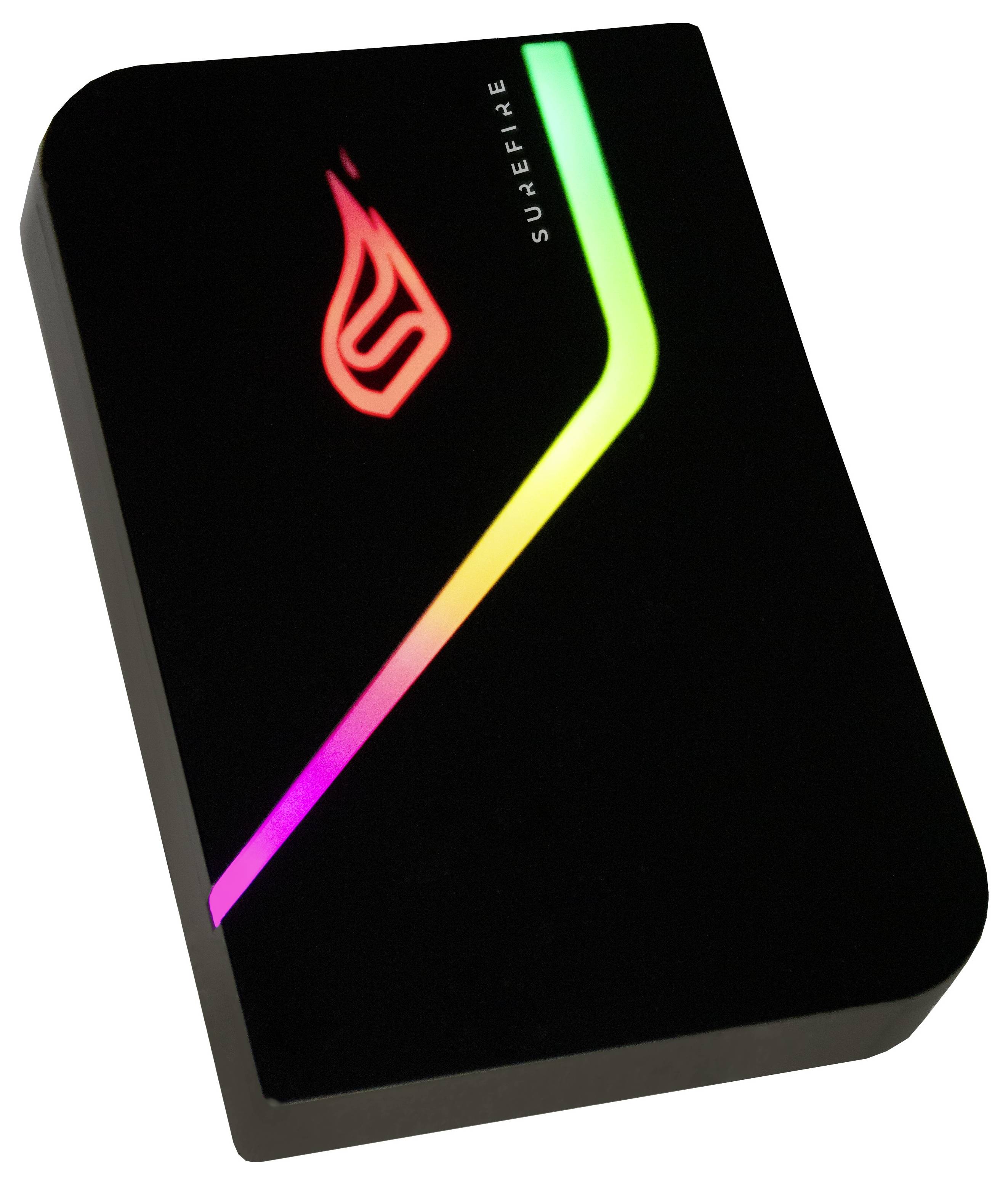 Externe Festplatte mit einem leuchtenden Logo und farbiger LED-Leiste auf schwarzem Gehäuse.