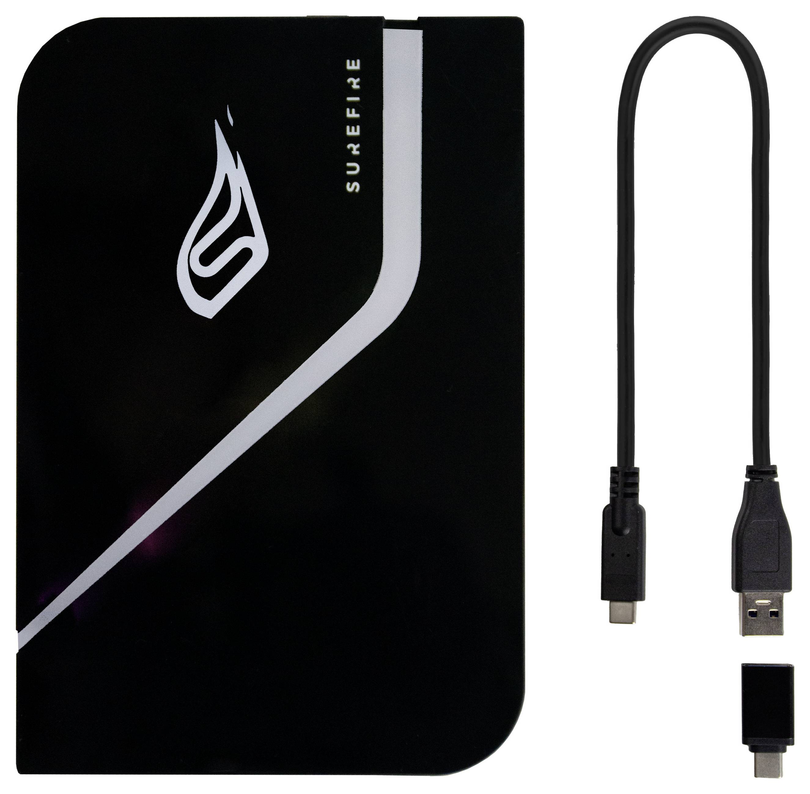 Externe Festplatte mit Flammenlogo. Daneben liegt ein USB-Kabel mit Micro-USB-Stecker.