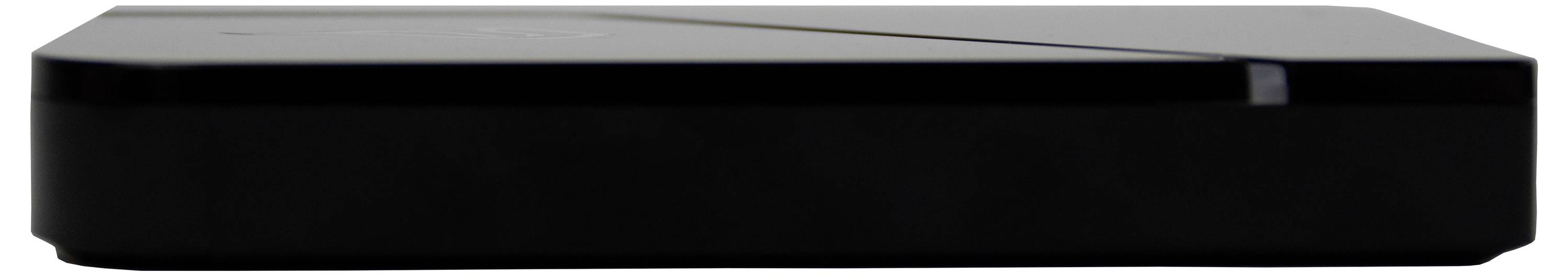 Ein schwarzes, rechteckiges Gerät mit abgerundeten Kanten, flach und glänzend, steht horizontal. Es hat eine glatte Oberfläche ohne sichtbare Bedienelemente.
