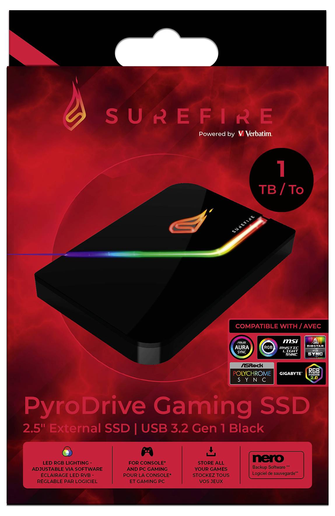 'PyroDrive Gaming SSD' Verpackung zeigt eine 1 TB externe SSD, kompatibel mit PC und Konsole, USB 3.2 Gen 1, unterstützt RGB-Beleuchtung.