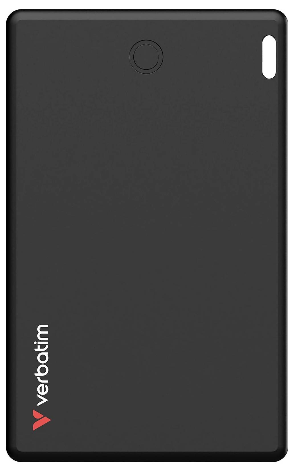 Schwarzes externes Festplattengehäuse mit Verbatim-Logo in der unteren Ecke, geeignet zur Speicherung von digitalen Daten.