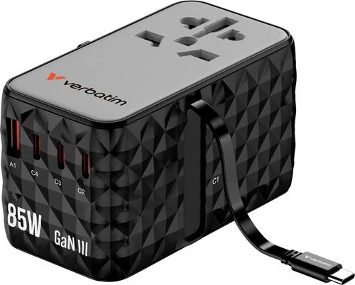 Verbatim Charge 'n' Travel GaN III Reiseladeadapter 85 W 1x USB-A, 3x USB-C® USB PD, USB PD 3.1, QC