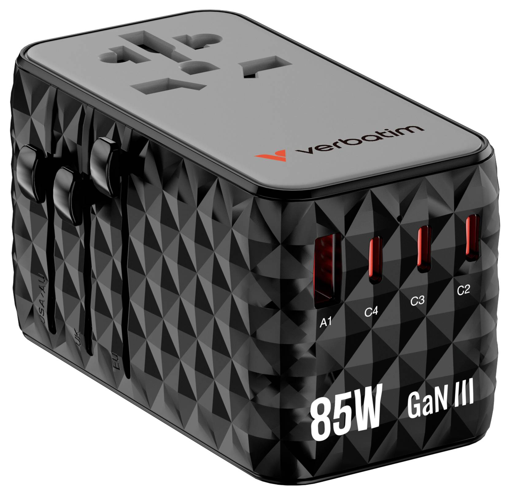 Ein schwarzes Mehrzweck-Ladegerät mit mehreren Steckern und USB-Anschlüssen. Aufschrift '85W GaN III'. Markenlogo sichtbar.