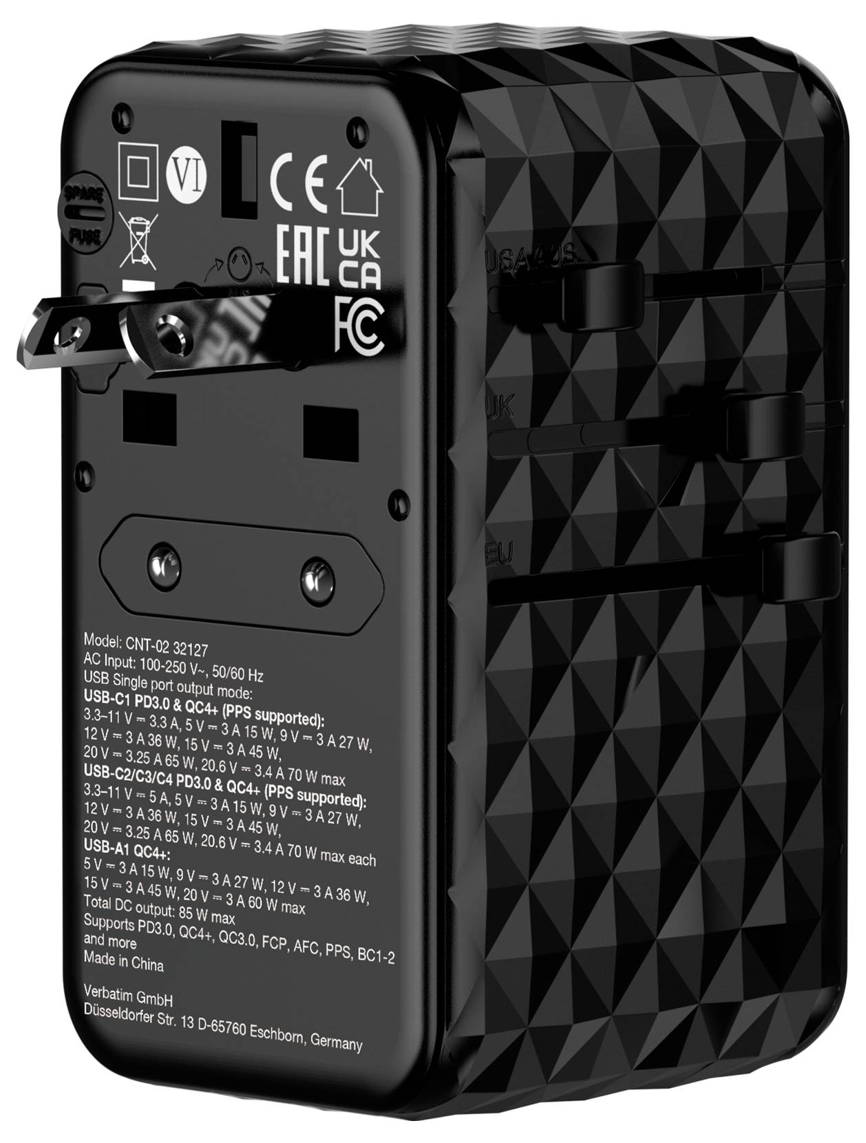 Schwarzes, kompaktes Ladegerät mit ausklappbarem EU-Stecker; technische Spezifikationen und Logos von Prüfungseinrichtungen auf der Rückseite.