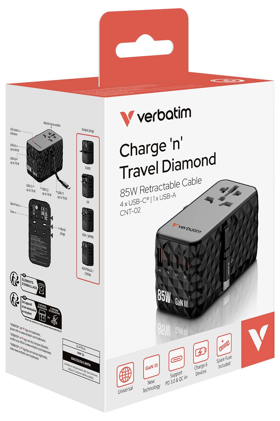 Verpackung eines Verbatim 'Charge 'n' Travel Diamond' Reisesteckers mit 85W, 4x USB-C, 1x USB-A, und ausziehbarem Kabel.