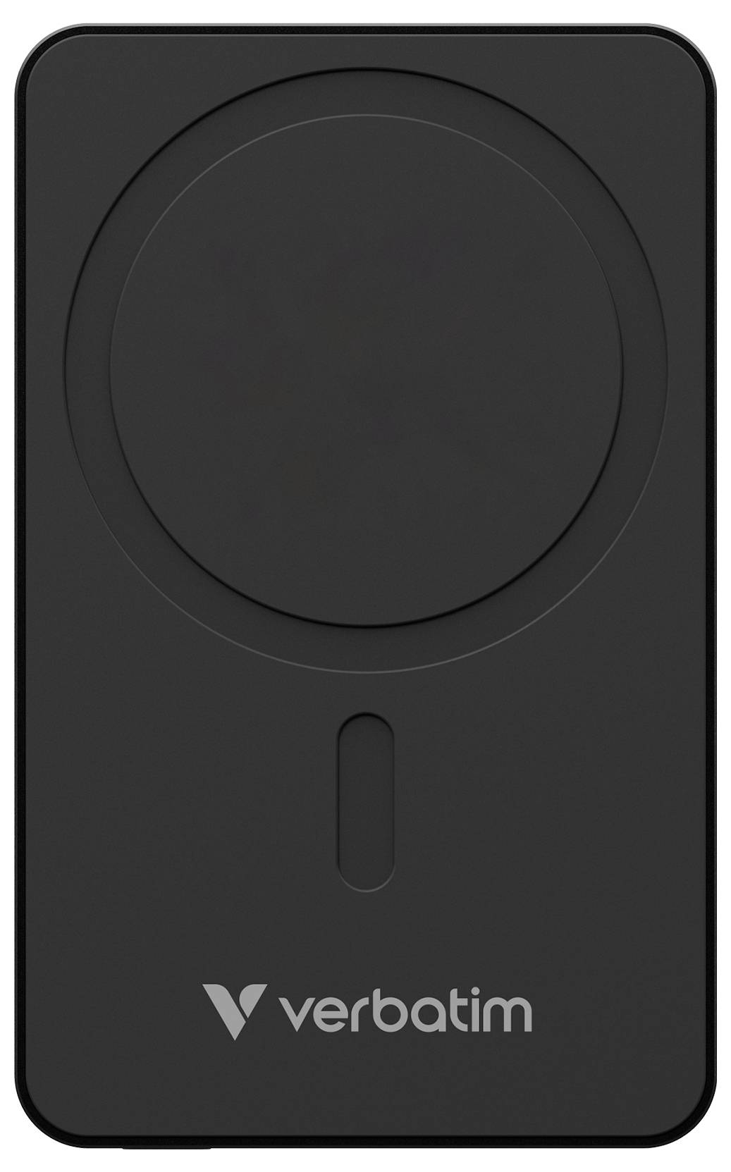 Schwarzes, rechteckiges Verbatim-Gerät mit kreisförmiger Vertiefung und Logo auf der Vorderseite, wahrscheinlich ein Ladegerät.