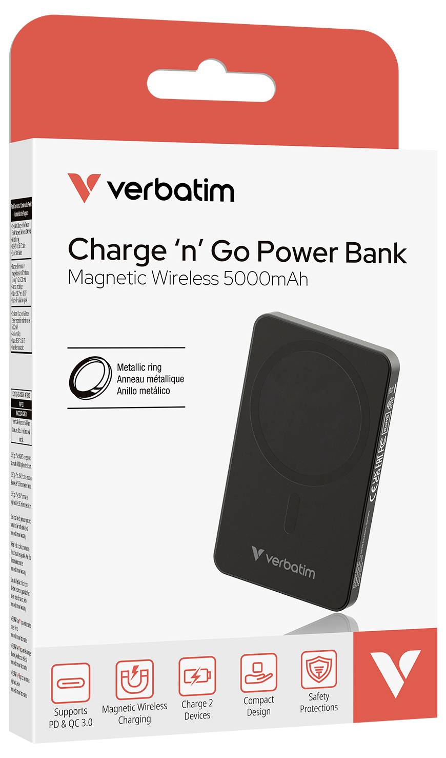 Verpackung einer Verbatim Powerbank mit 5000mAh. Zeigt die Powerbank und hebt die magnetische, kabellose Ladefunktion hervor. Unterstützt PD & QC 3.0.