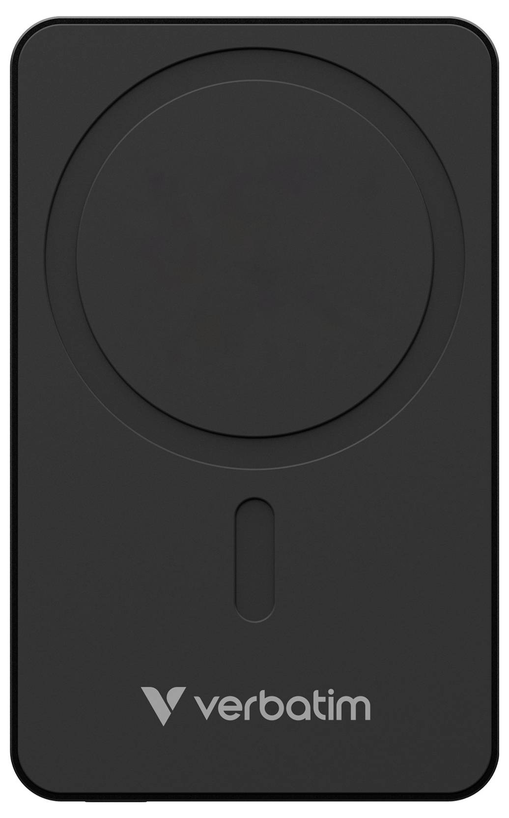 Schwarzes kabelloses Ladegerät mit Markenlogo.