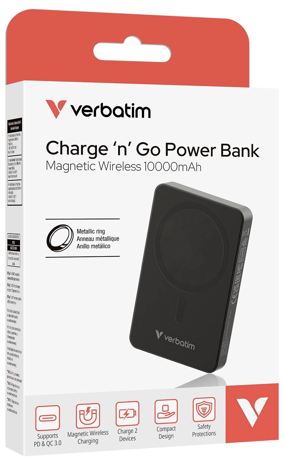 Verpackung einer Verbatim Powerbank 'Charge 'n' Go' mit 10000mAh, magnetischer Wireless-Ladung. Unterstützt PD & QC 3.0, lädt 2 Geräte.