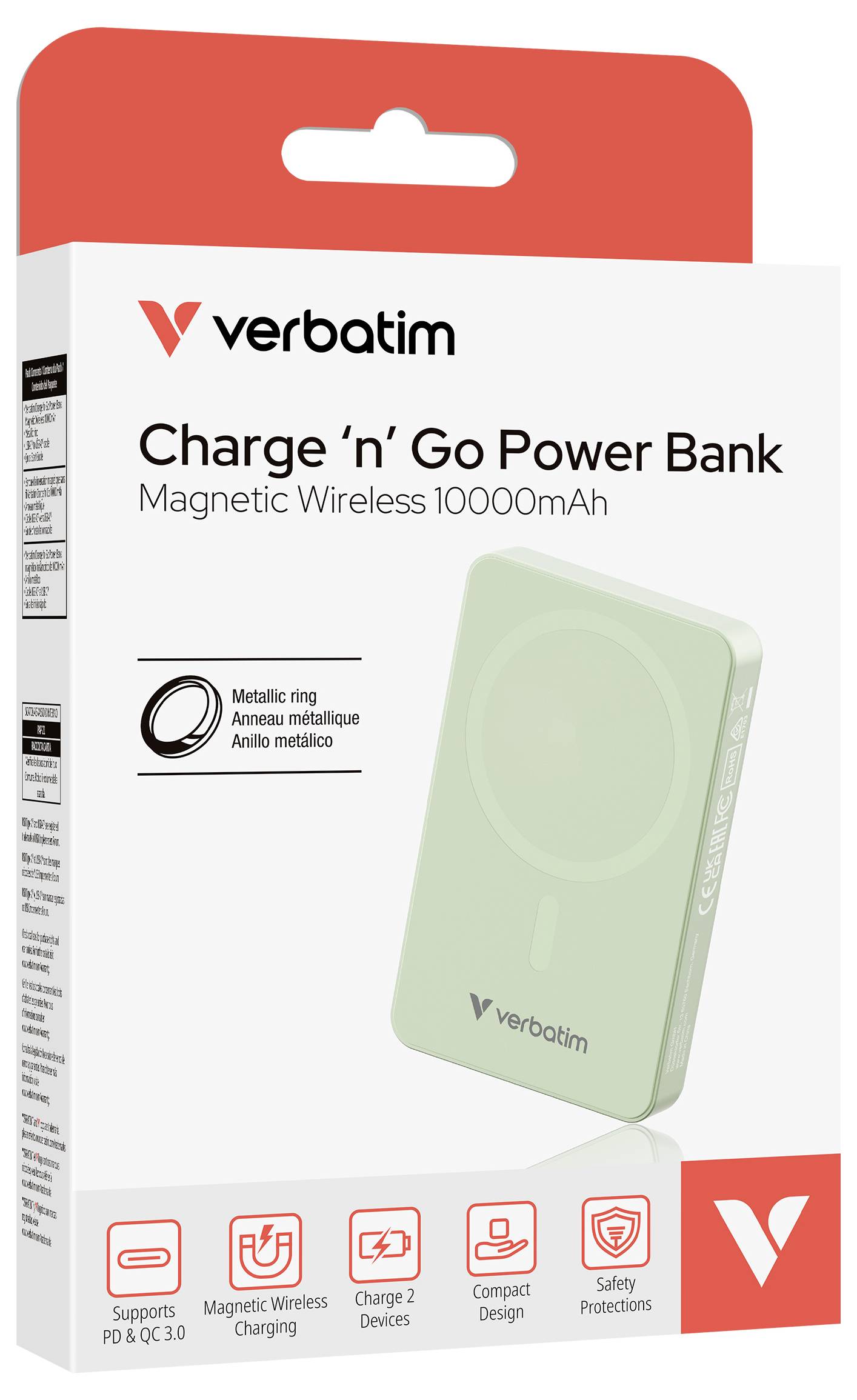Verpackung eines Verbatim 'Charge 'n' Go' Power Banks mit 10000mAh, magnetischem kabellosen Laden, unterstützt PD & QC 3.0, in Grün.