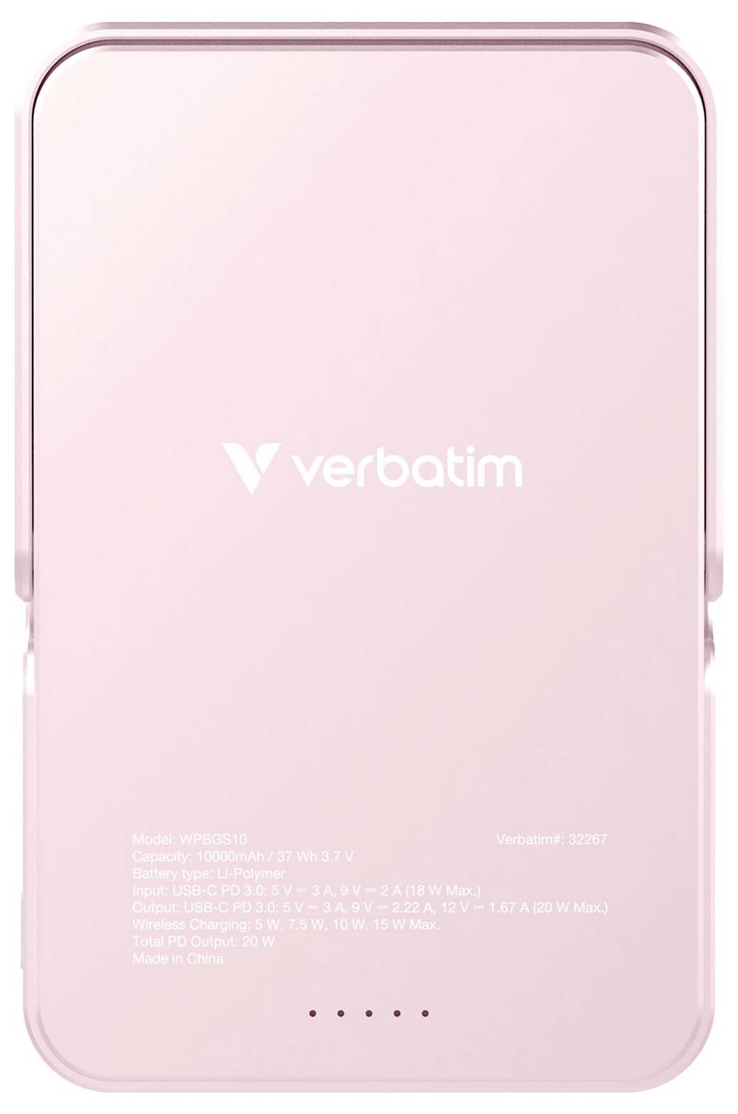 Rosa Powerbank von Verbatim, Modell: WF85610, mit einer Kapazität von 10.000mAh und Details zur Leistungsabgabe aufgedruckt.