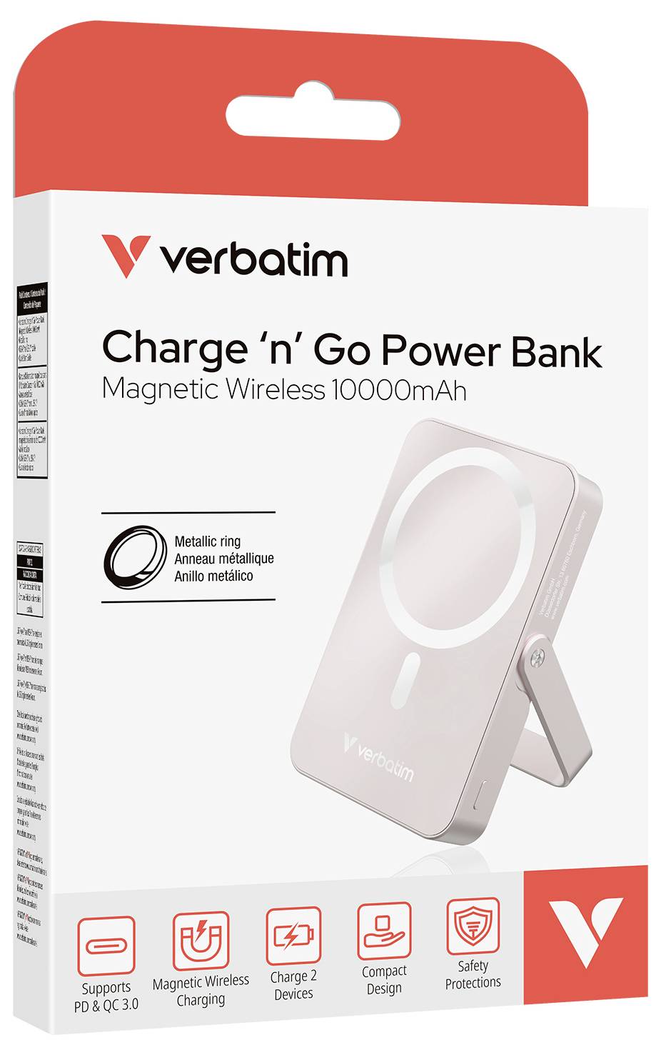 Verpackung einer Verbatim Charge 'n' Go Powerbank mit 10000mAh, Magnetring für drahtloses Laden, unterstützt PD & QC 3.0, weißes Design.