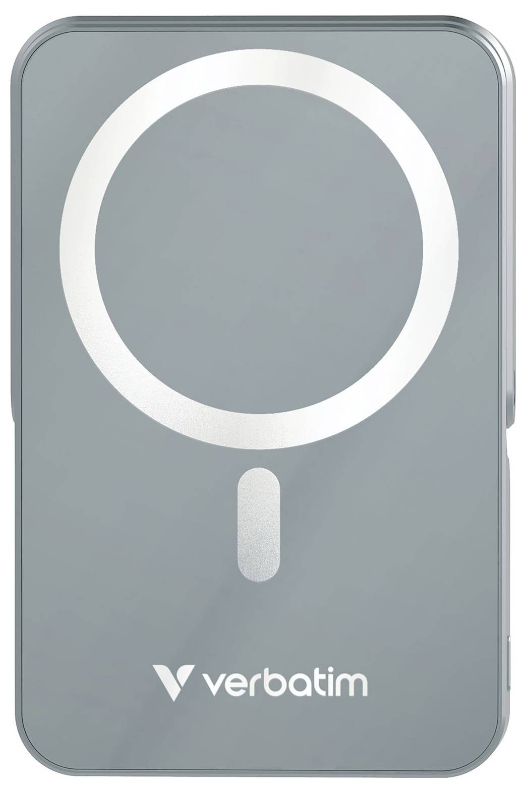 Eine graue tragbare Festplatte mit silbernem Kreis und Logo der Marke 'Verbatim' auf der Vorderseite.
