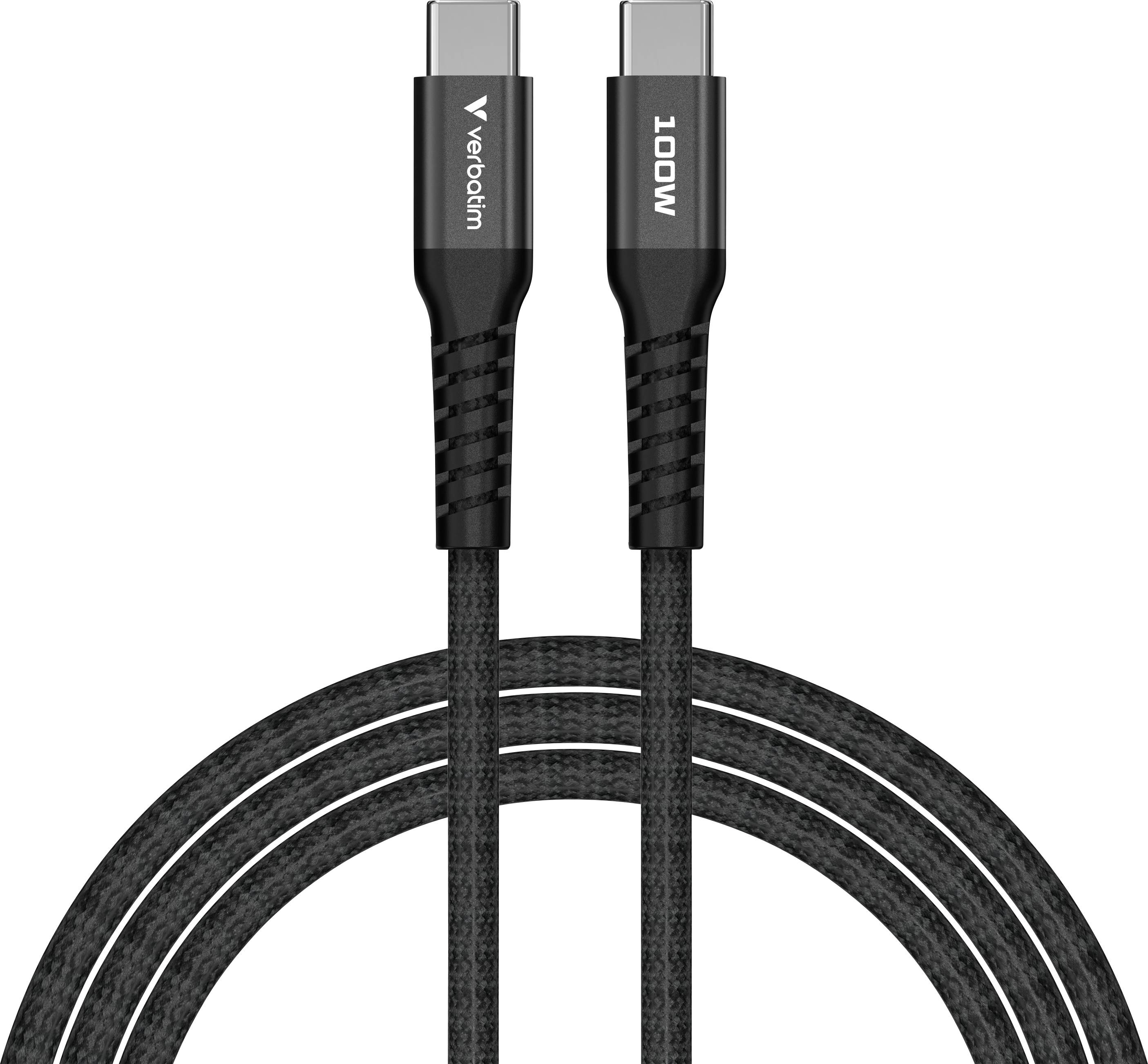 Zwei USB-C-Kabel mit schwarzem geflochtenem Design, links mit 'Verbatim' beschriftet, rechts mit '100W', auf weißem Hintergrund.