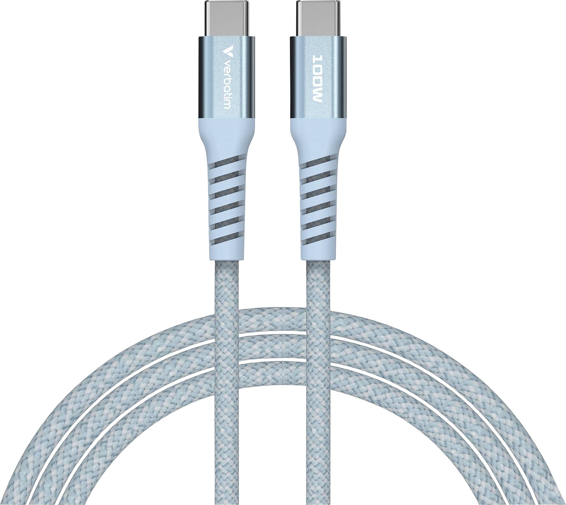 Ein blaues USB-C-Kabel von Verbatim, 100W, mit geflochtenem Design und verstärkten Steckern. Ideal zum schnellen Aufladen und Datenübertragung.