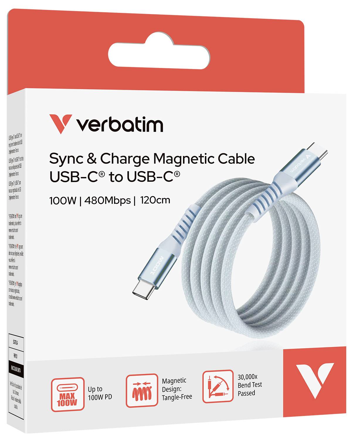 'Verbatim' USB-C-auf-USB-C-Kabel-Verpackung, zeigt ein 100W, 120cm Magnetladekabel. Text: 'Sync & Charge Magnetic Cable'.