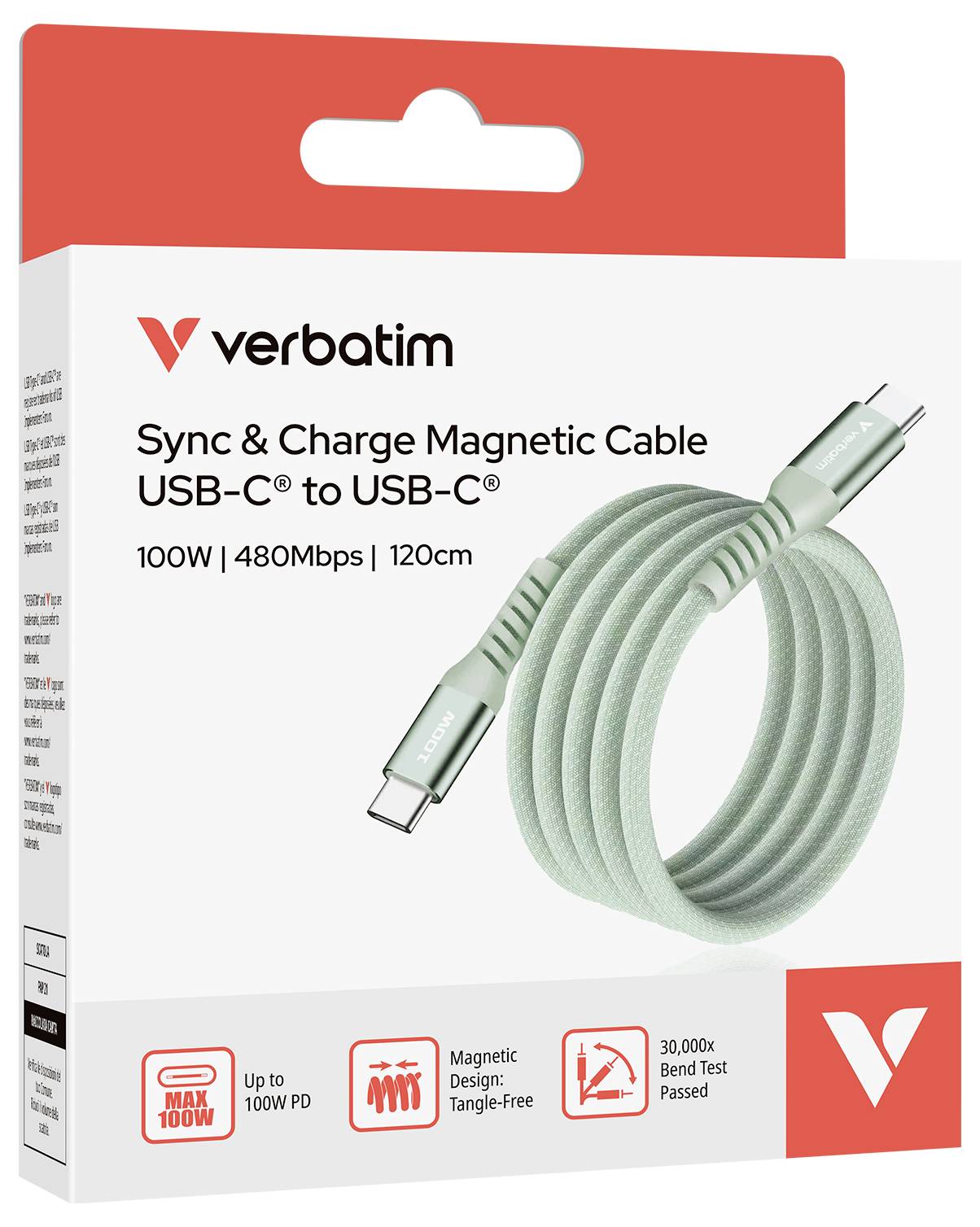 Verpackung eines 'Verbatim' USB-C-auf-USB-C-Ladekabels, 100W, 120cm, mit Magnetfunktion. Enthält Infos zur Geschwindigkeit und Haltbarkeit.