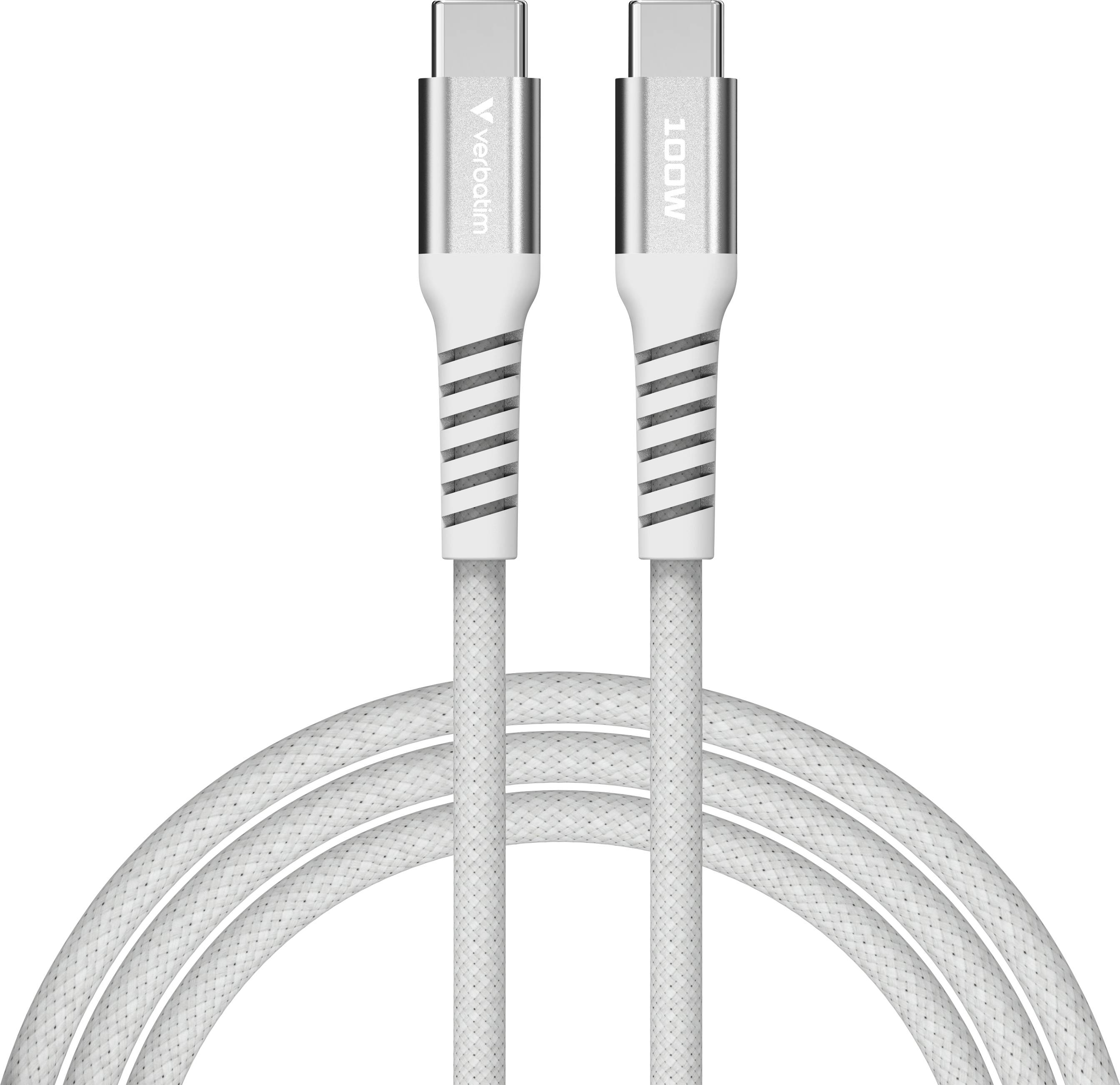 USB-C auf USB-C Kabel, weiß, zwei Anschlüsse. Text auf Anschlüssen: 'Verbatim' und '100W'. Gewebter Kabelmantel.