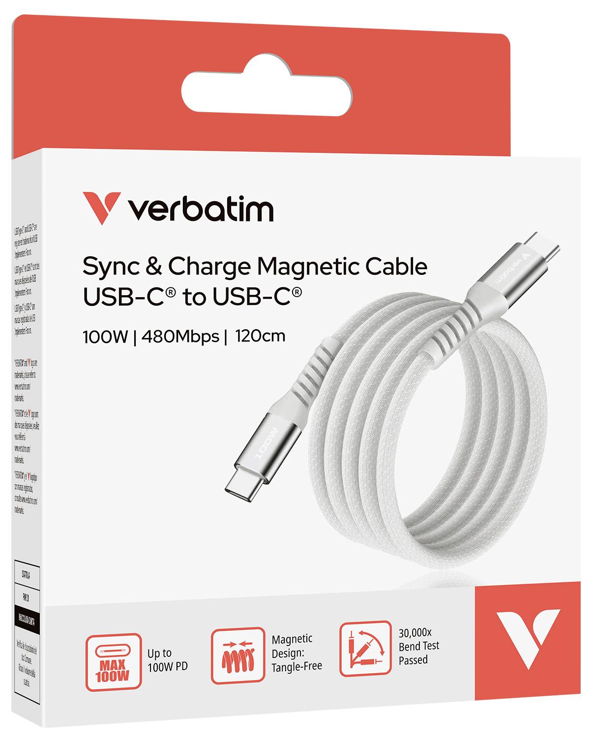 Verpackung eines Verbatim Sync & Charge Magnetkabels, USB-C zu USB-C, 100W, 480Mbps, 120cm. Weißes, geflochtenes Kabel abgebildet.