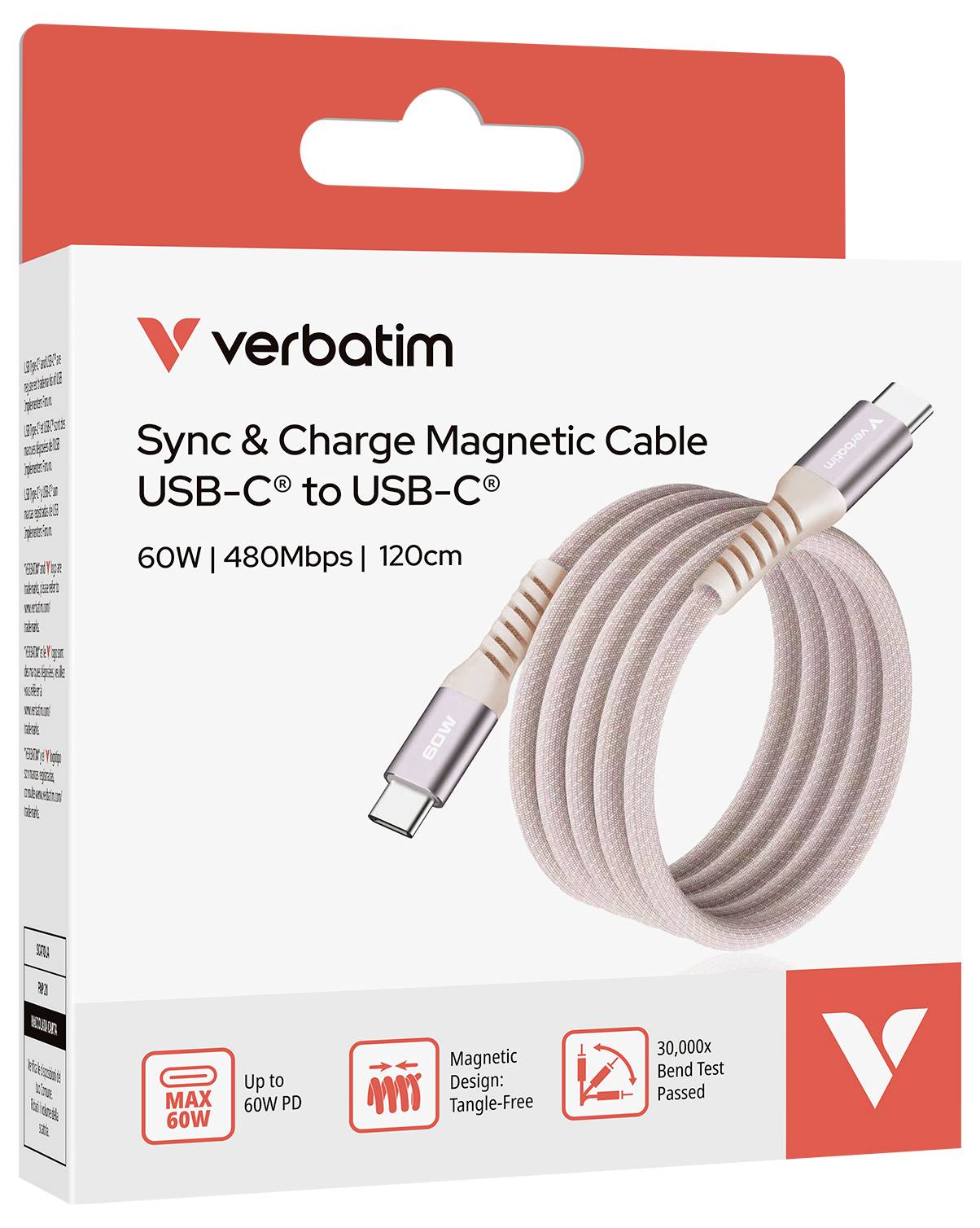 Verpackung eines Verbatim USB-C zu USB-C Kabels. 'Sync & Charge', 60W, 480Mbps, 120cm. Magnetische Verbindung, kabelfrei, biegsam.
