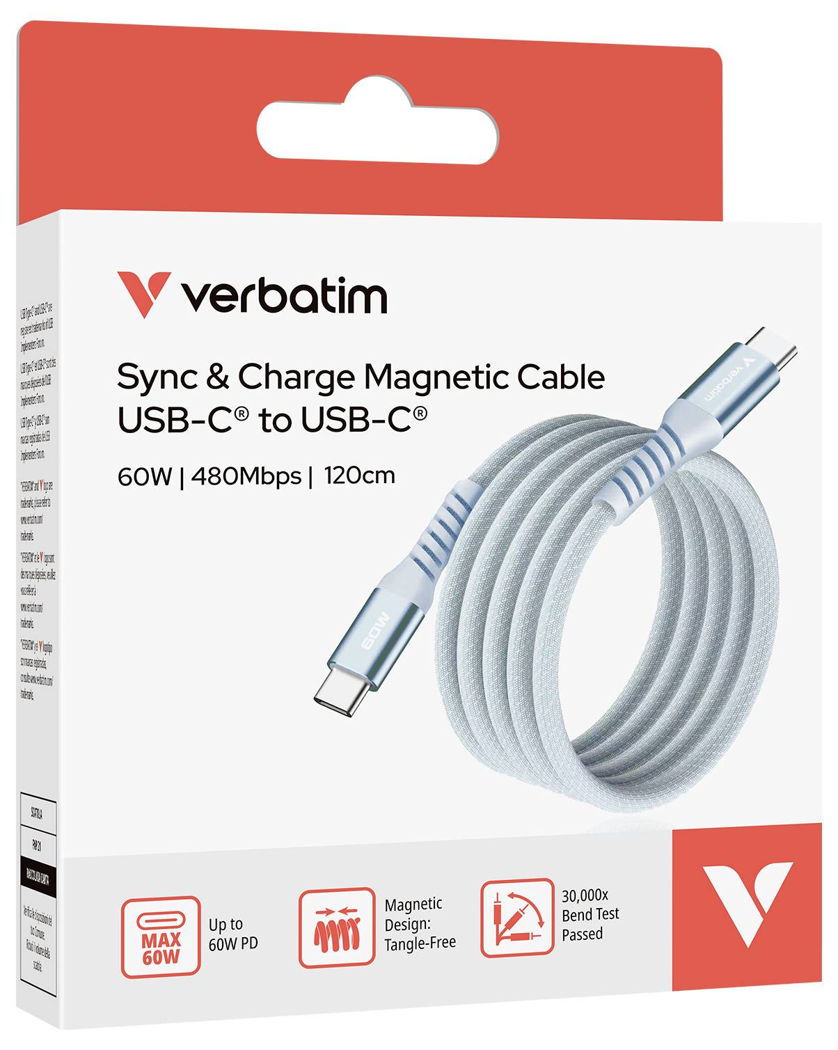 Verpackung eines Verbatim USB-C Ladekabels, 60W, 120cm, mit magnetischer Befestigung. Maximale Datenrate: 480Mbps.