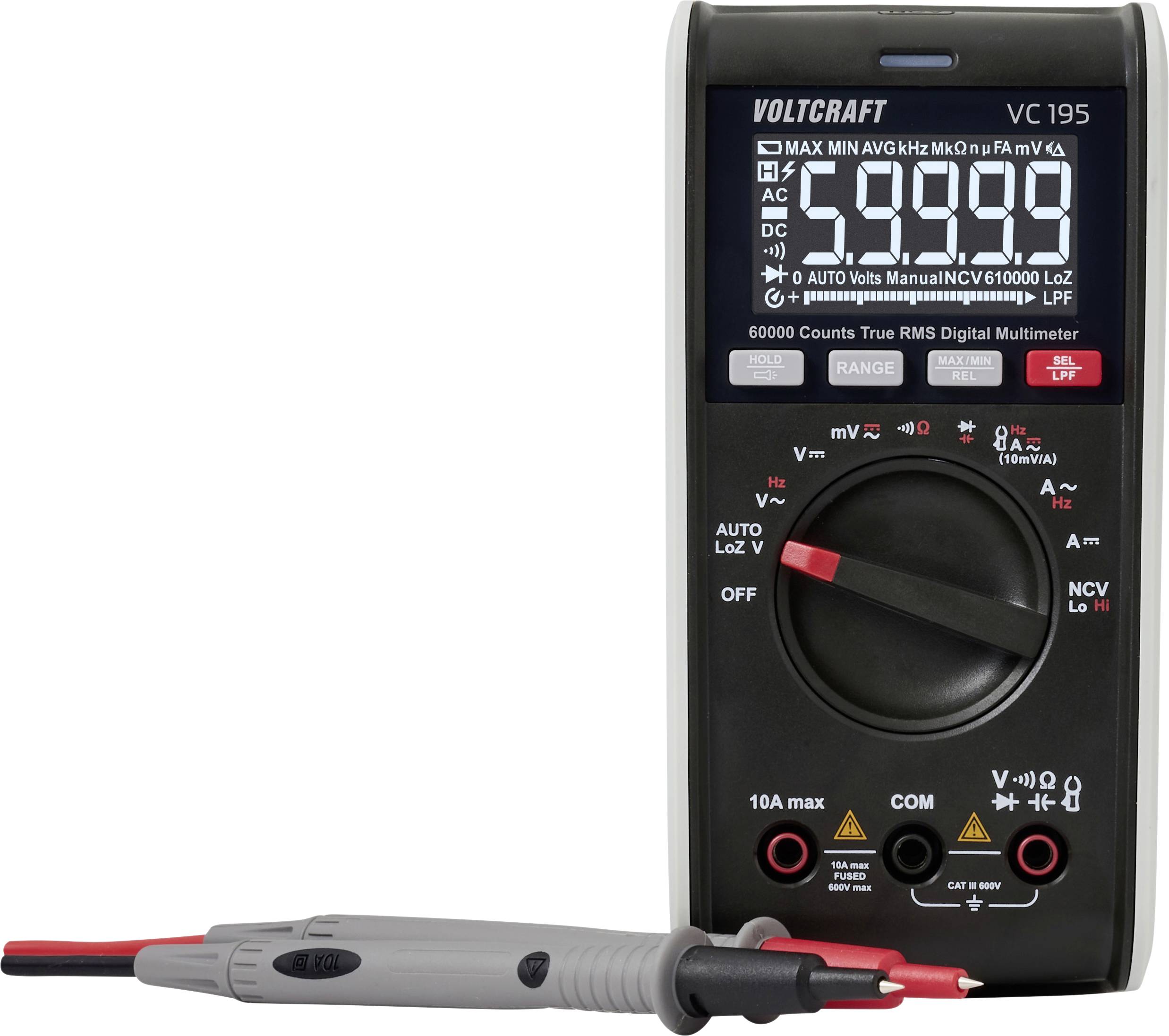 Ein digitales Multimeter, das 5,099 Volt anzeigt, mit verschiedenen sichtbaren Testeinstellungen. Rote und schwarze Messspitzen sind vor dem Gerät platziert.