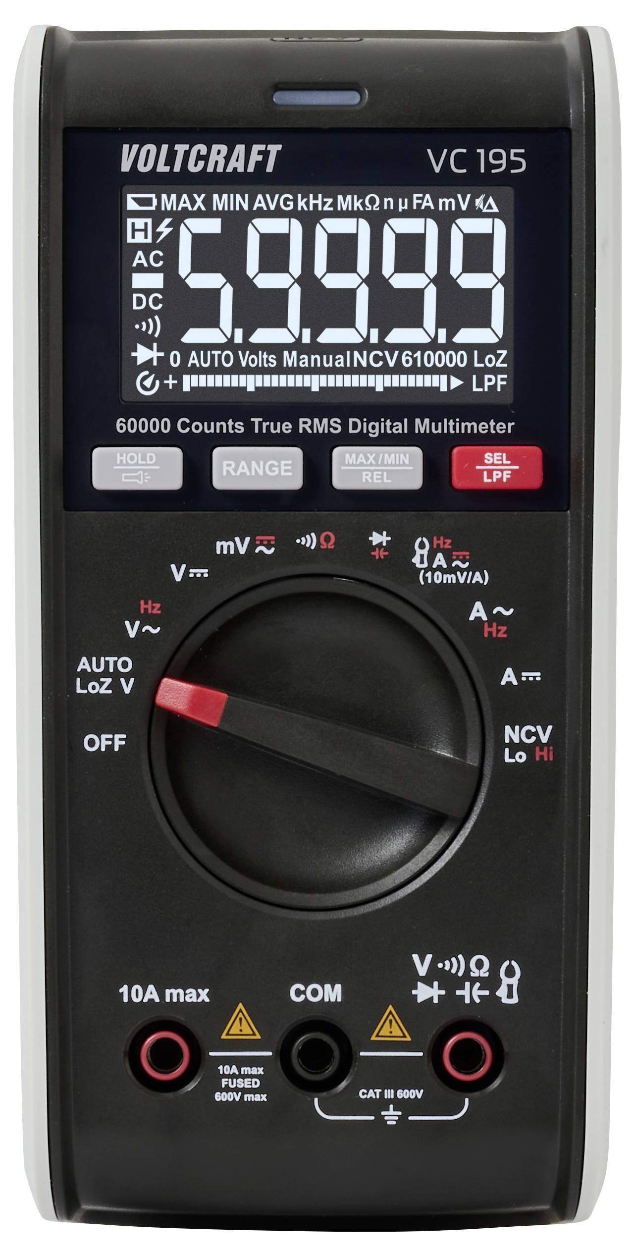 Digitales Multimeter, das '5.9999' anzeigt, mit verschiedenen Einstellungstasten und Drehschaltern. Modell 'VOLTCRAFT VC 195', Wechselspannungsmodus aktiv.